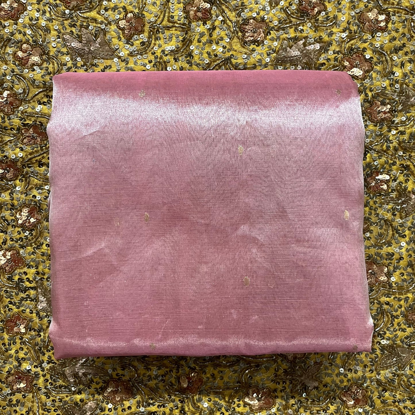 Flamingo pink Chanderi tissue silk saree with zari bootis all over