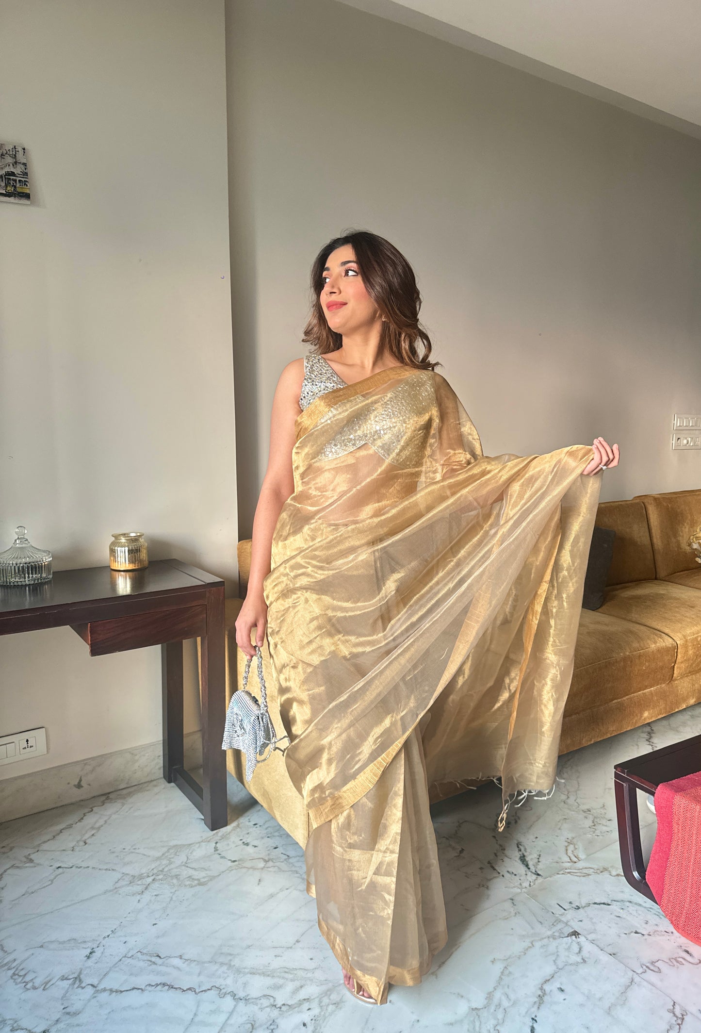 Olive Gold Maheshwari Saree with Zari lines all over