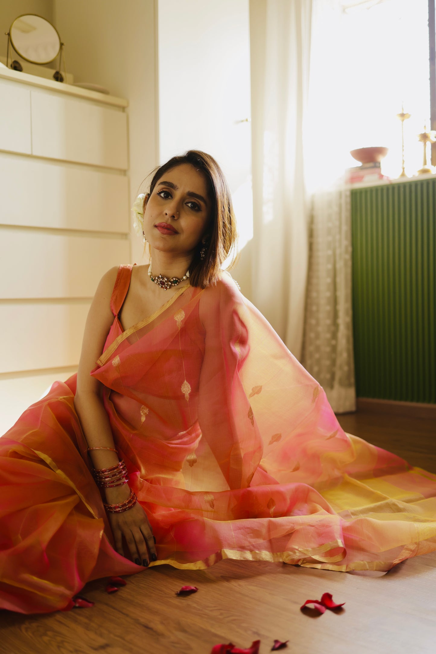 Coral pink dual tone Chanderi organza silk saree with jhumka motifs all over