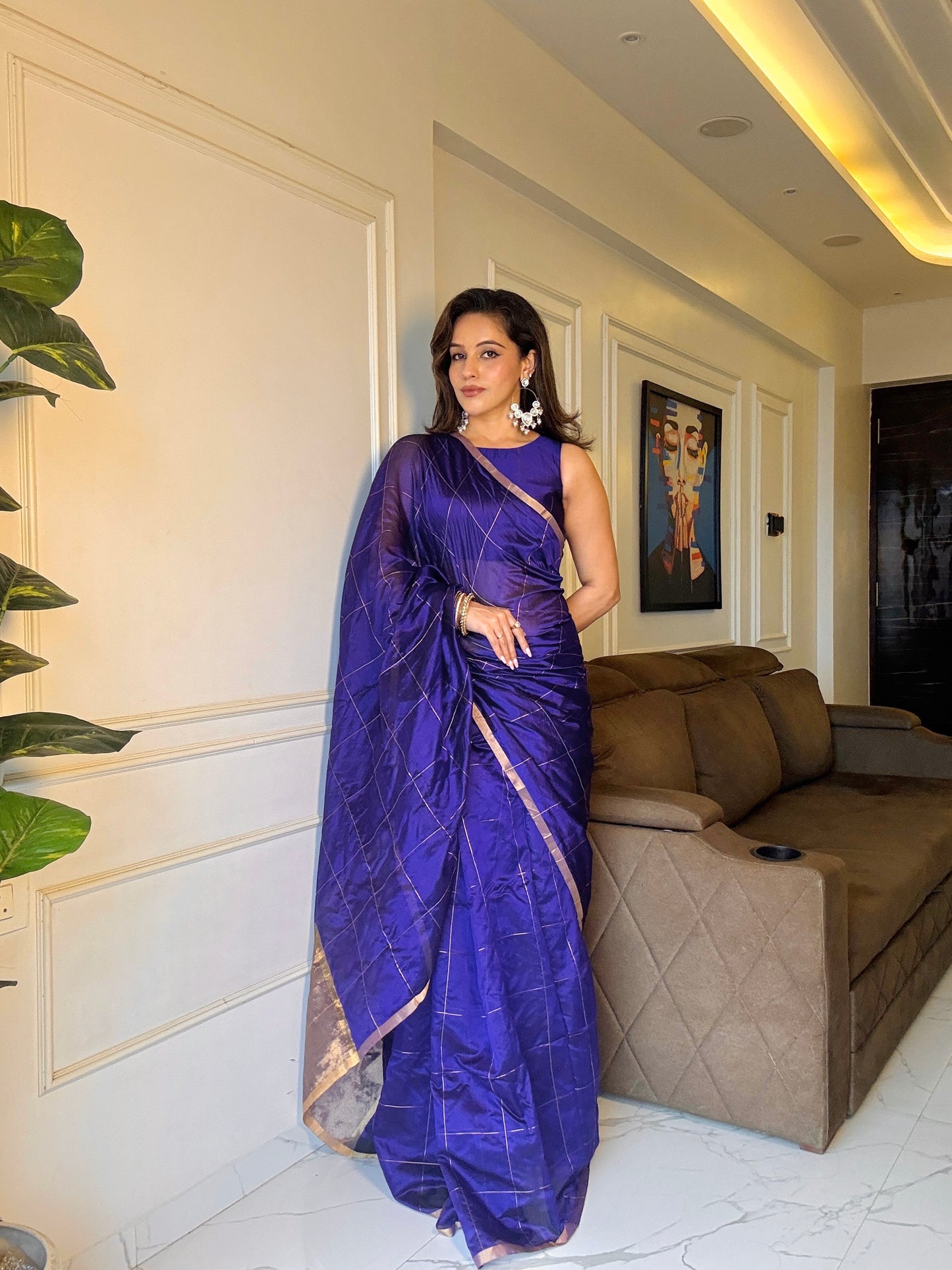 Dark purple chanderi silk saree with zari checks all over