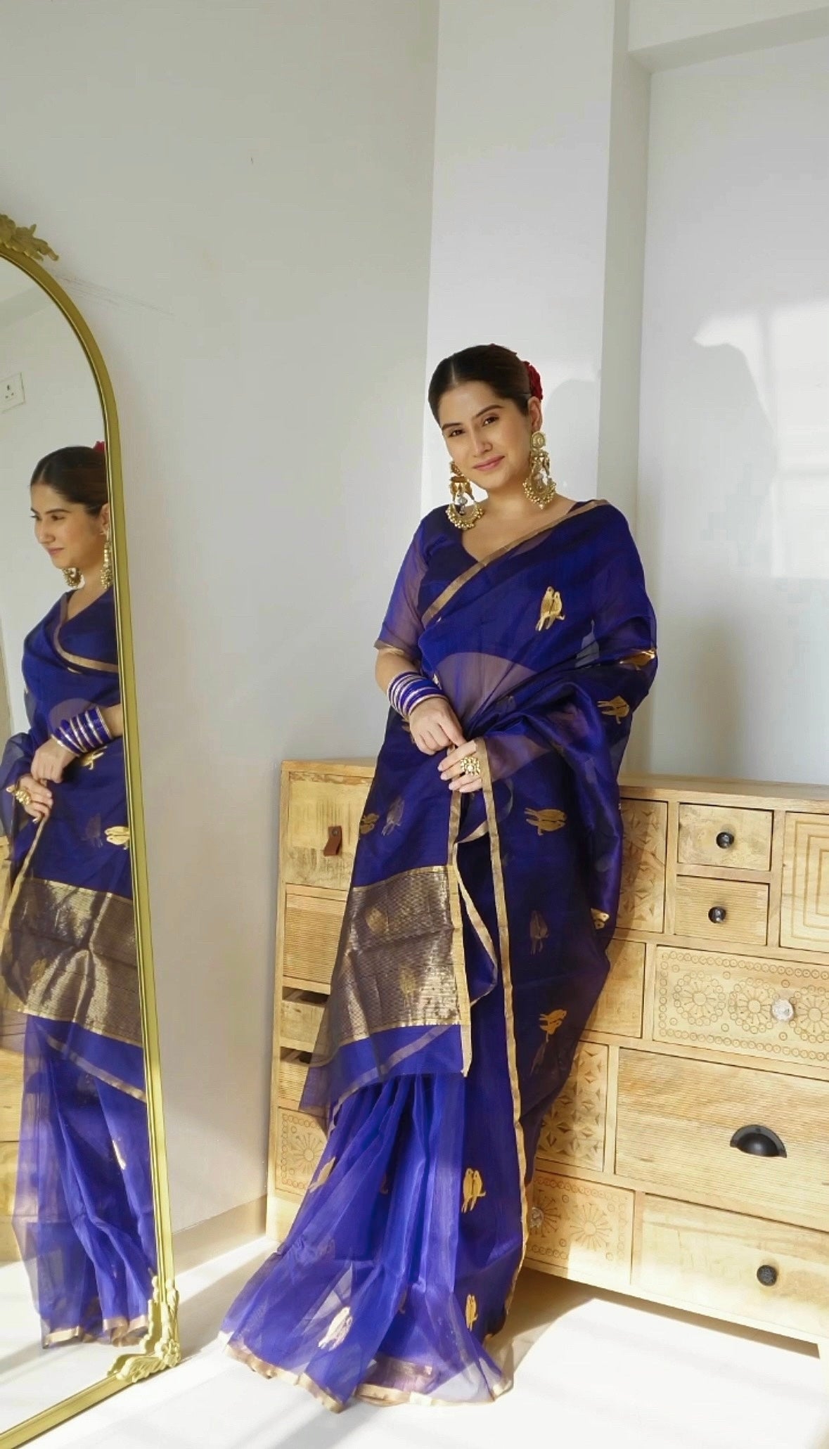 Midnight blue chanderi organza silk saree with bird motifs all over