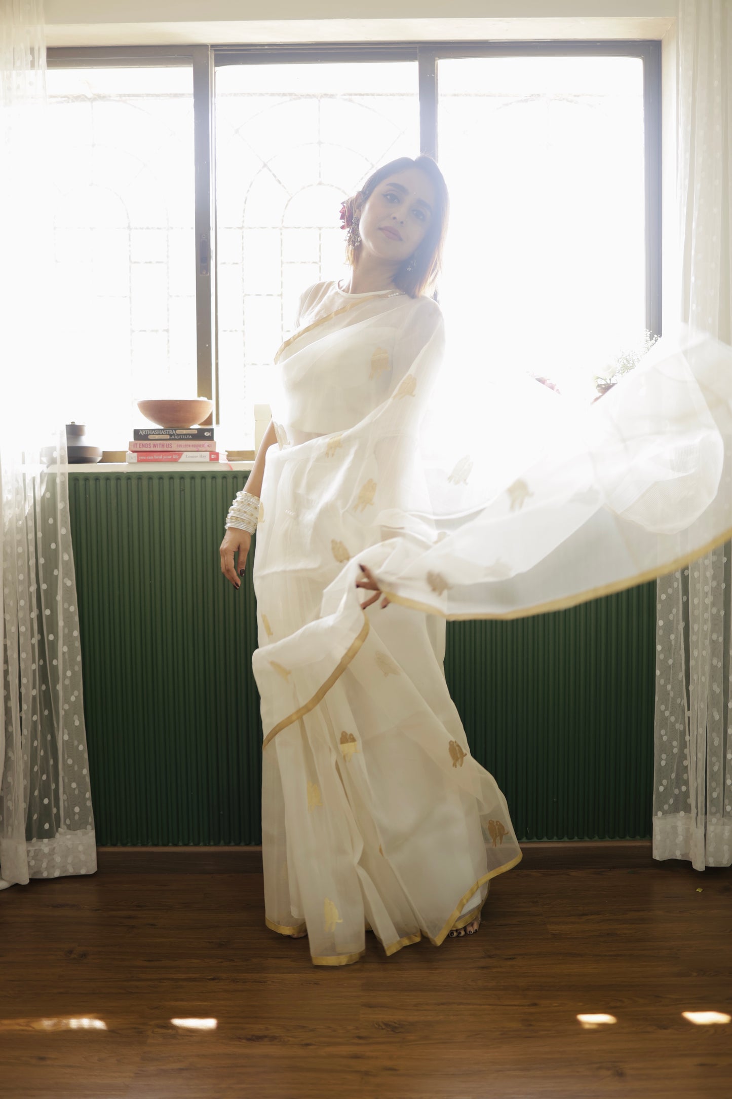 Off white and gold chanderi organza silk saree with bird motifs all over