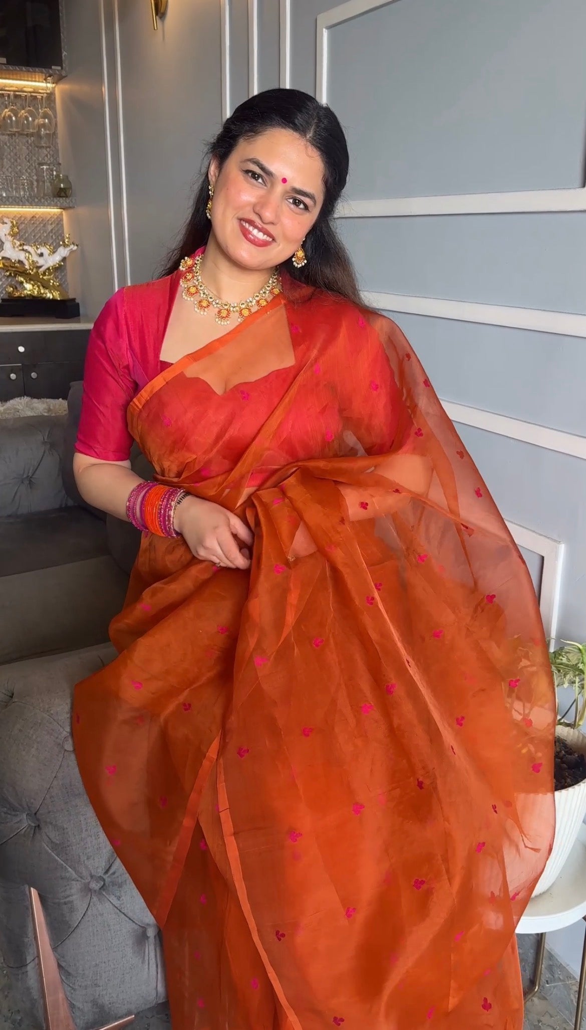 Burnt orange and pink Chanderi silk saree with resham bootis all over