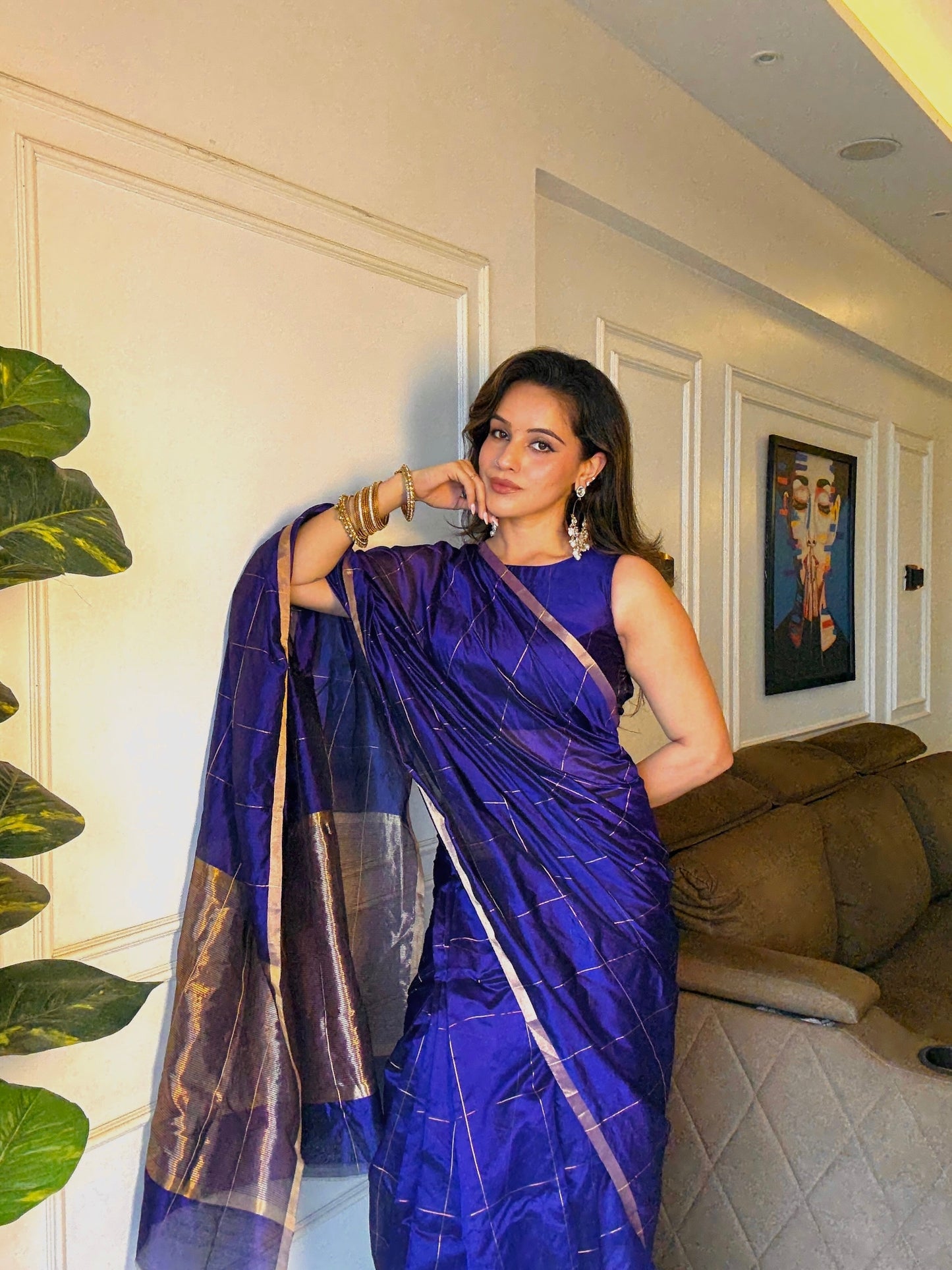 Dark purple chanderi silk saree with zari checks all over