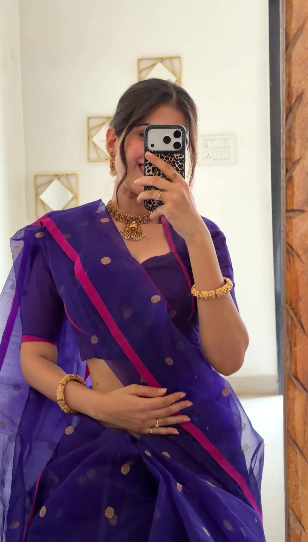Dark Purple & Pink Chanderi silk saree with zari bootis all over