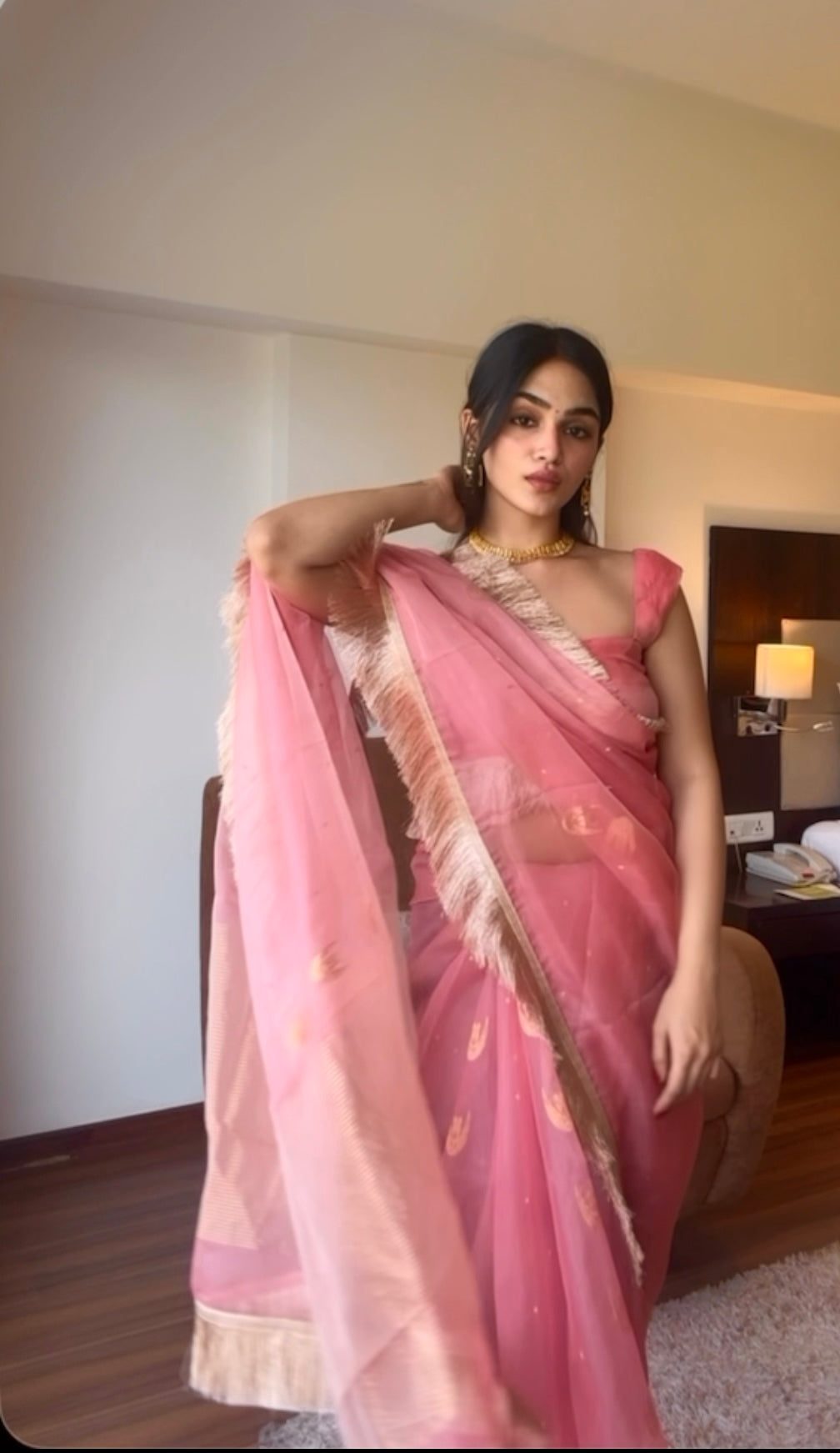 Ballet Pink chanderi silk saree with zari bootis and chaand bootis all over