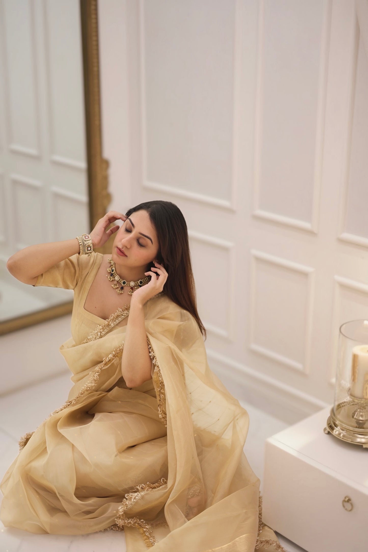 Beige gold Chanderi organza silk saree with zari bootis all over