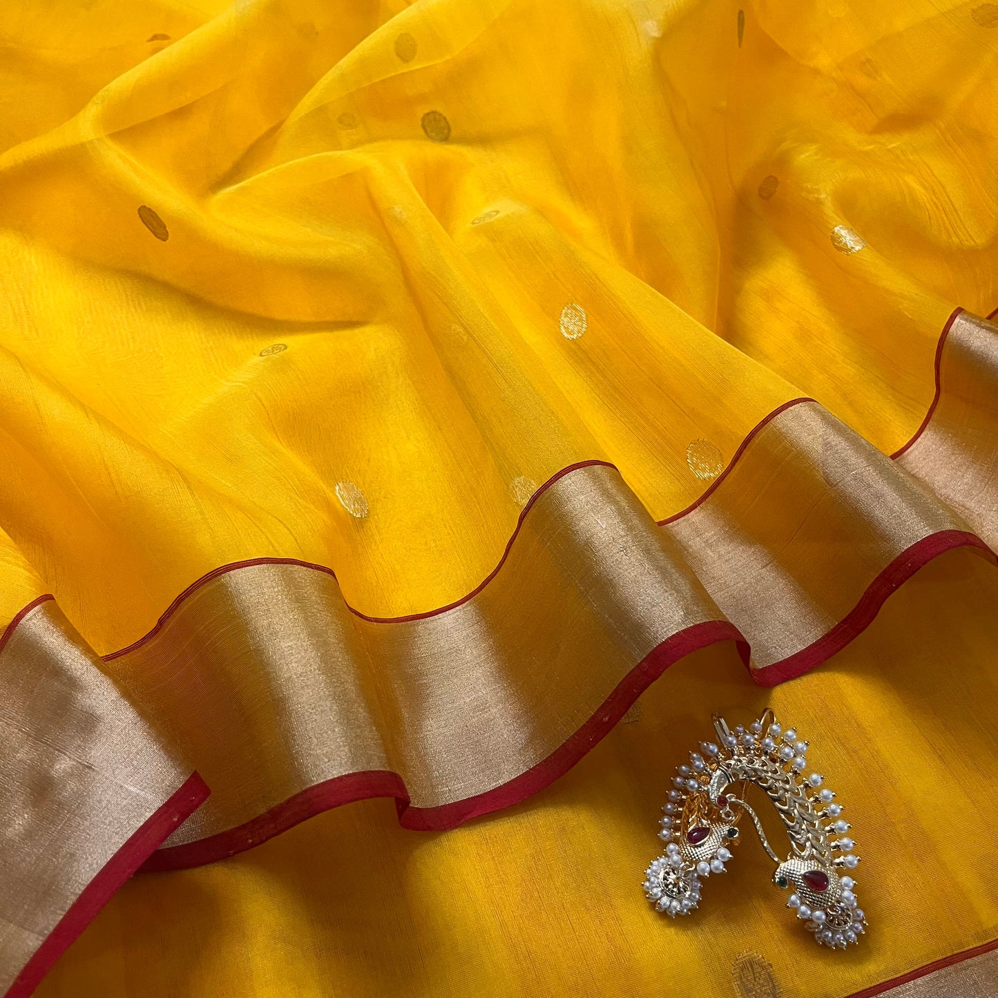 Yellow Chanderi silk saree with zari motifs on pallu