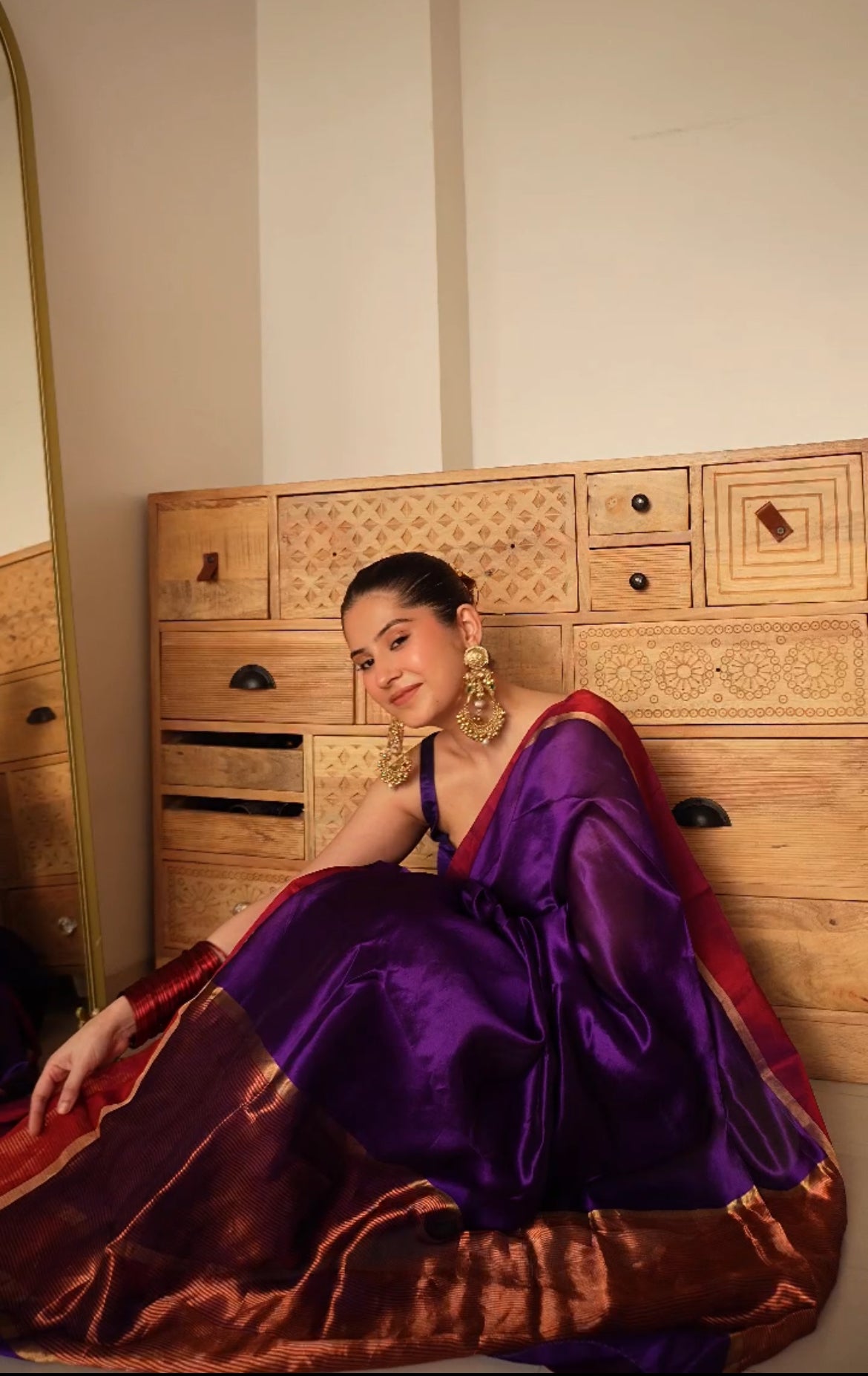 Dark Purple Plum Chanderi silk saree with zari lines on pallu
