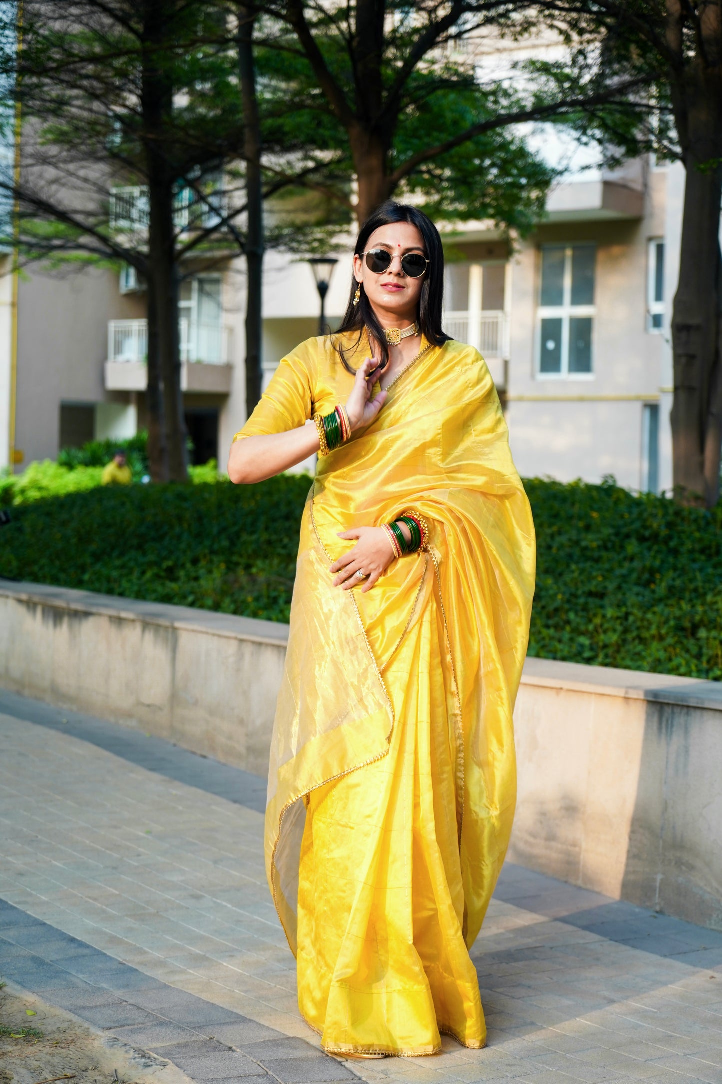 Butter yellow Chanderi silk saree with zari checks all over