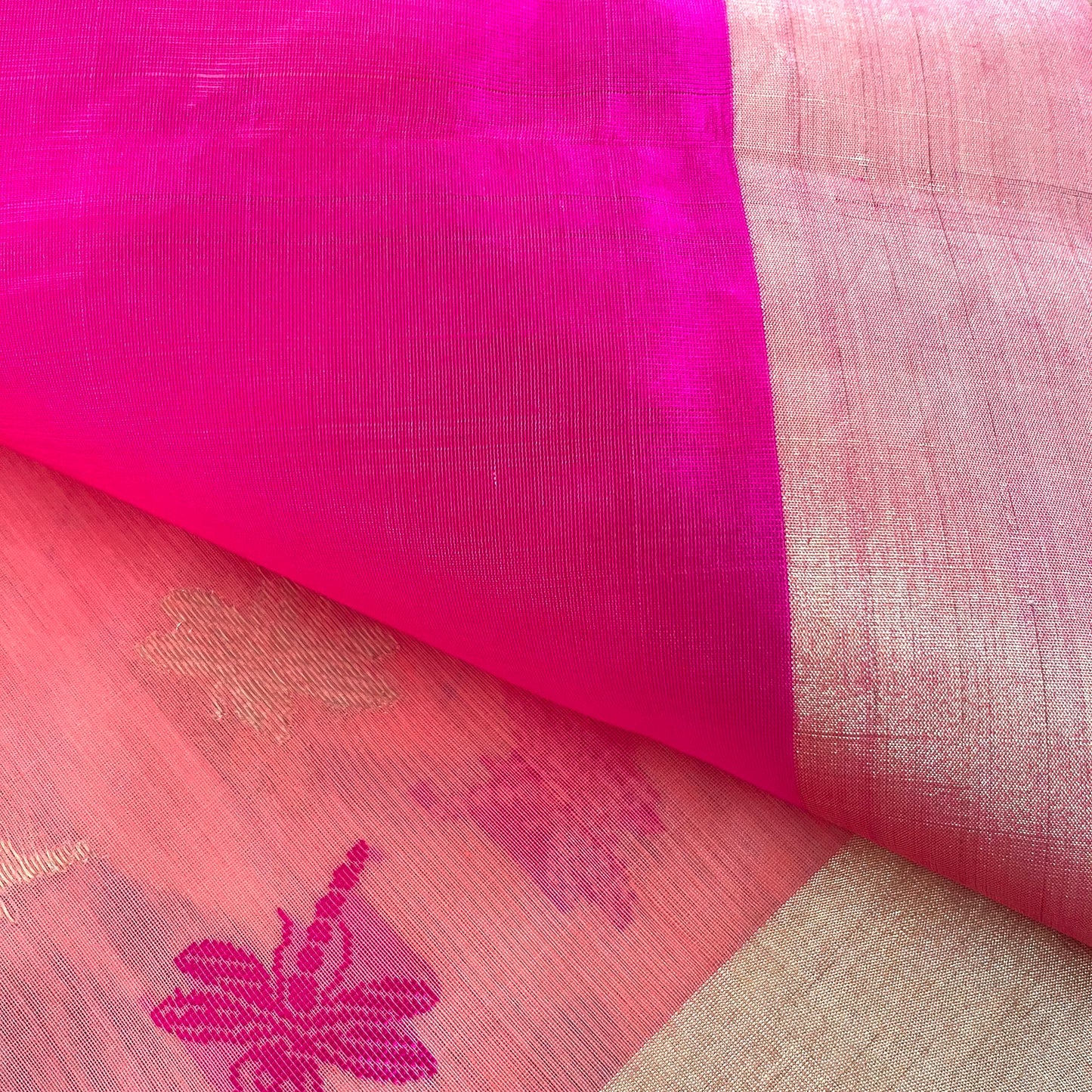 Peachish pink Chanderi silk saree with dragonfly motifs all over