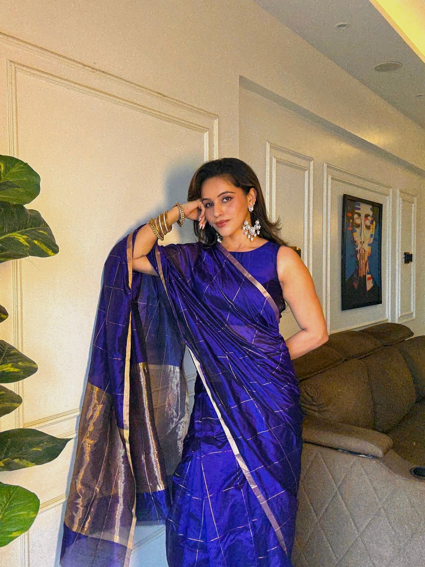 Dark purple chanderi silk saree with zari checks all over