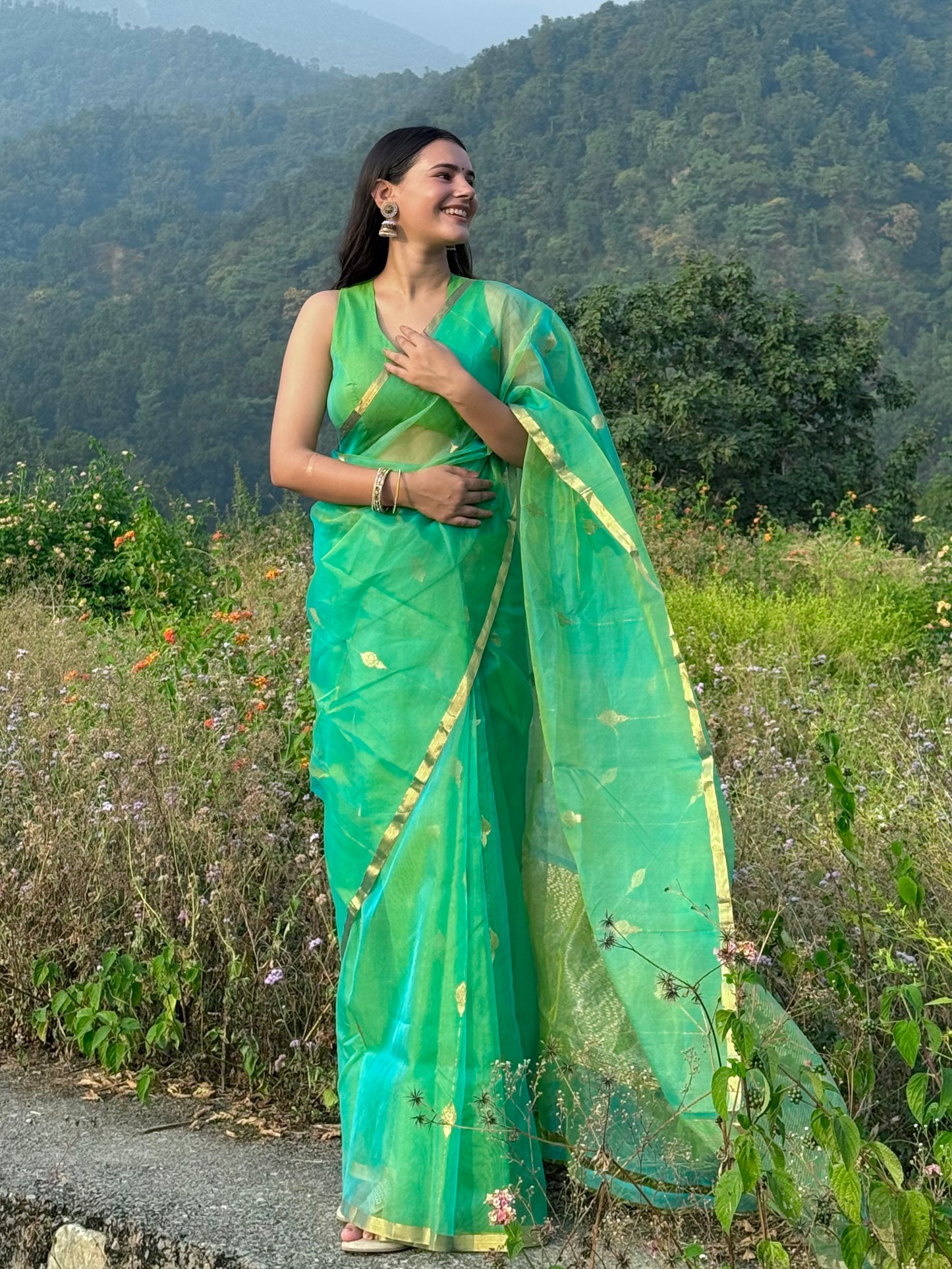 Green and gold dual tone chanderi organza silk saree with jhumka motifs all over