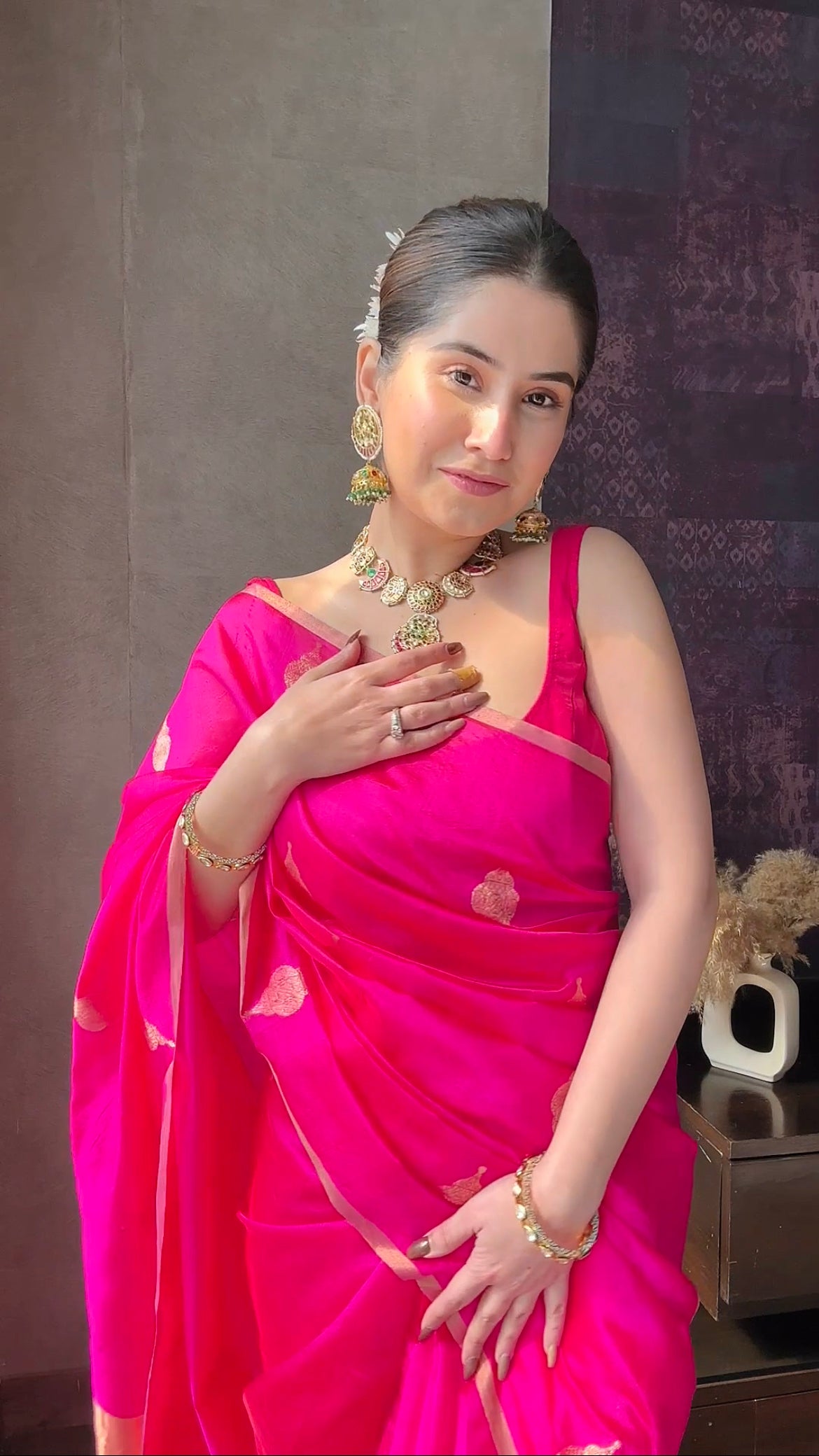Rani pink chanderi silk saree with jhoomar motifs all over