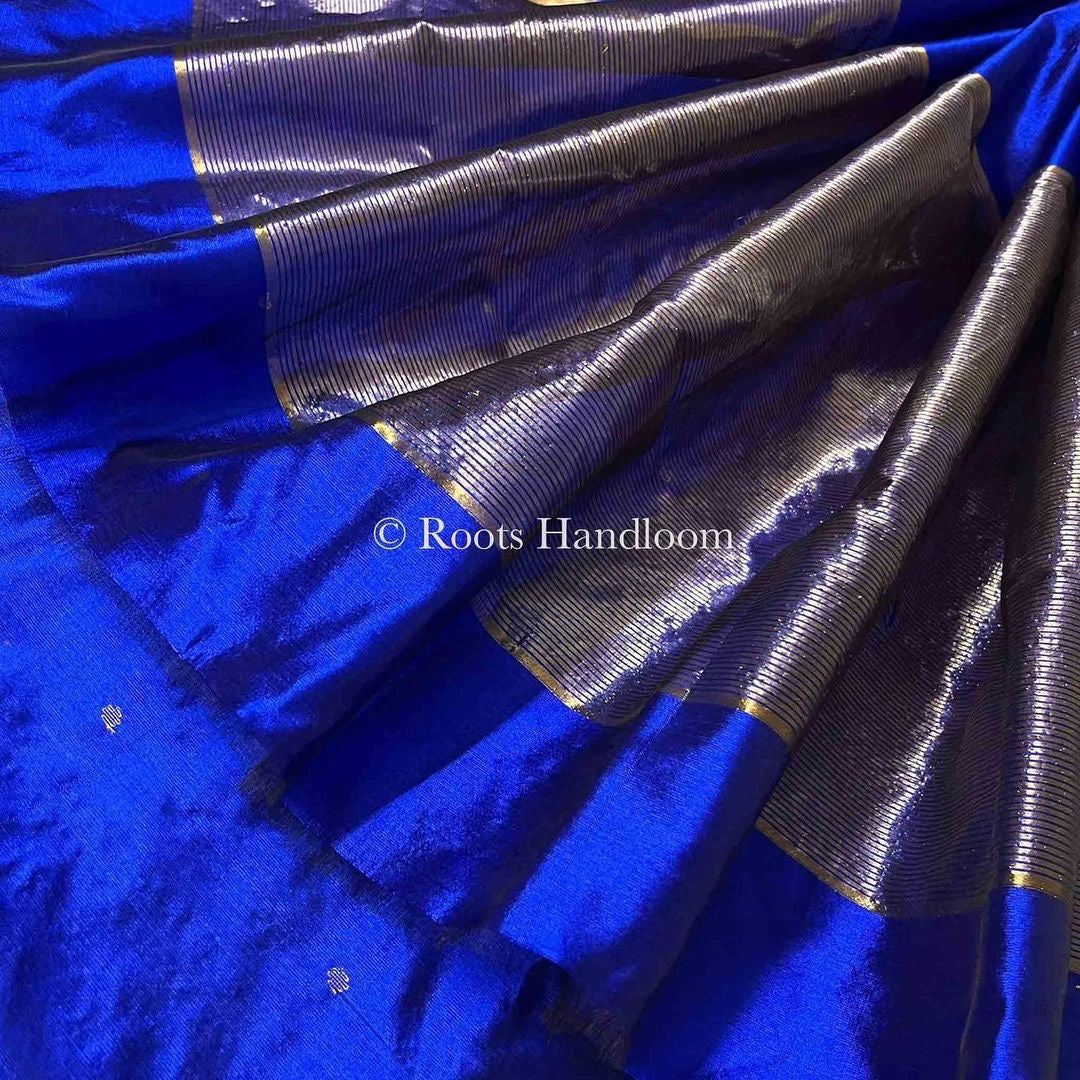 Royal blue chanderi silk saree with zari bootis all over