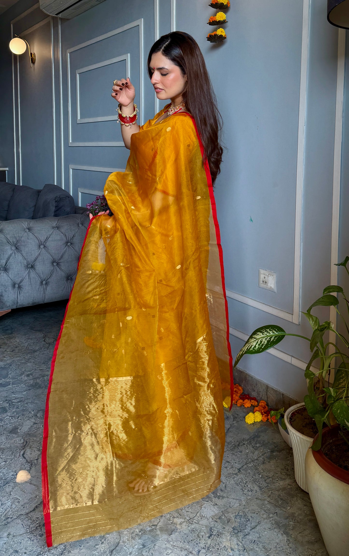 Mustard red Chanderi silk saree with zari bootis all over