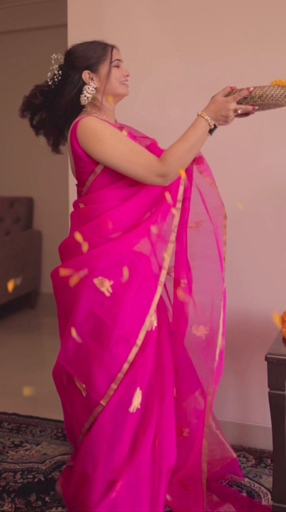 Pink chanderi organza silk saree with bird motifs all over