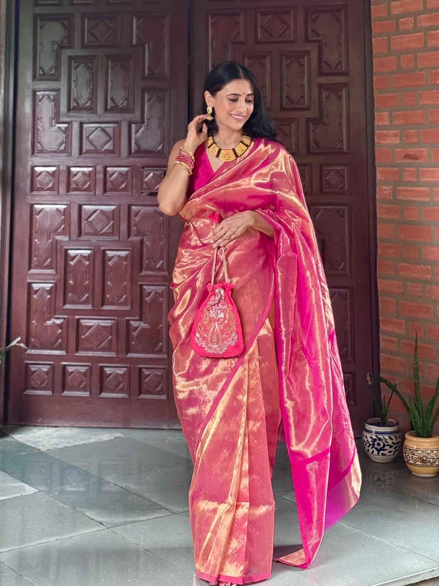 Pink and gold chanderi tissue silk saree