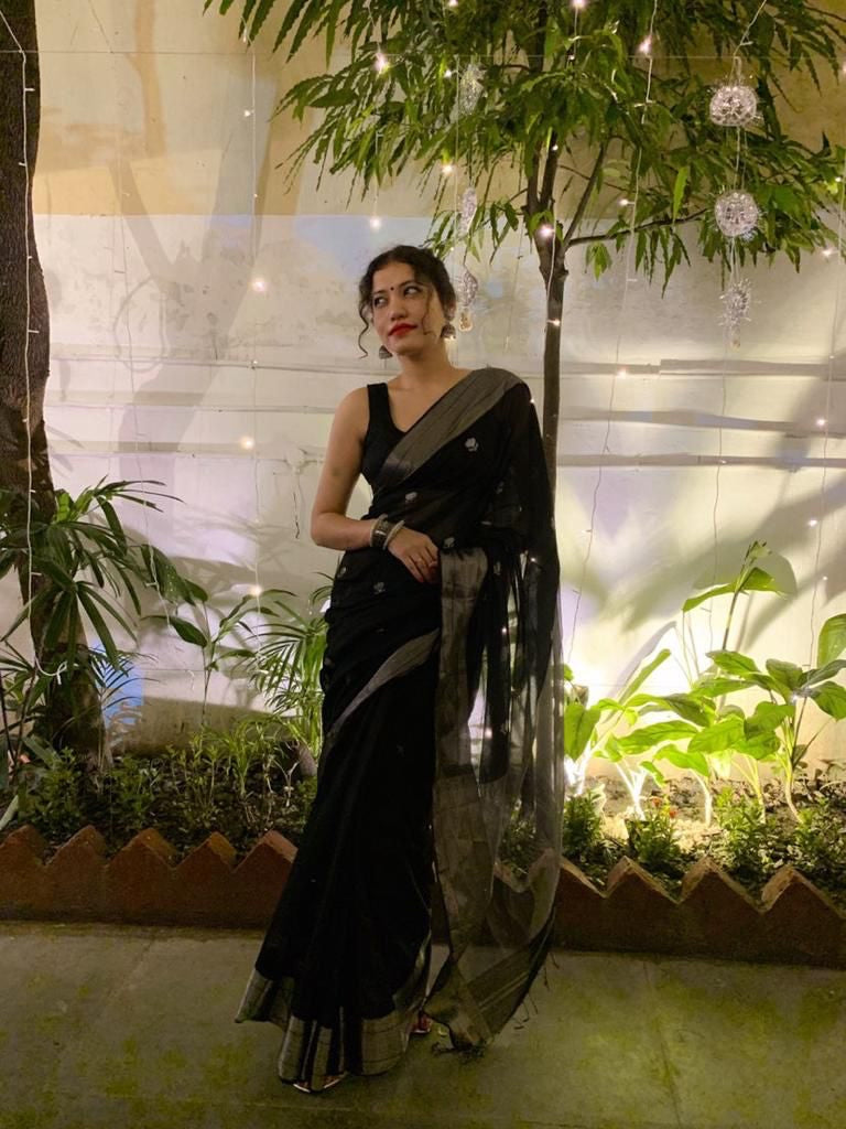Black Maheshwari Saree with Flower Motifs all over