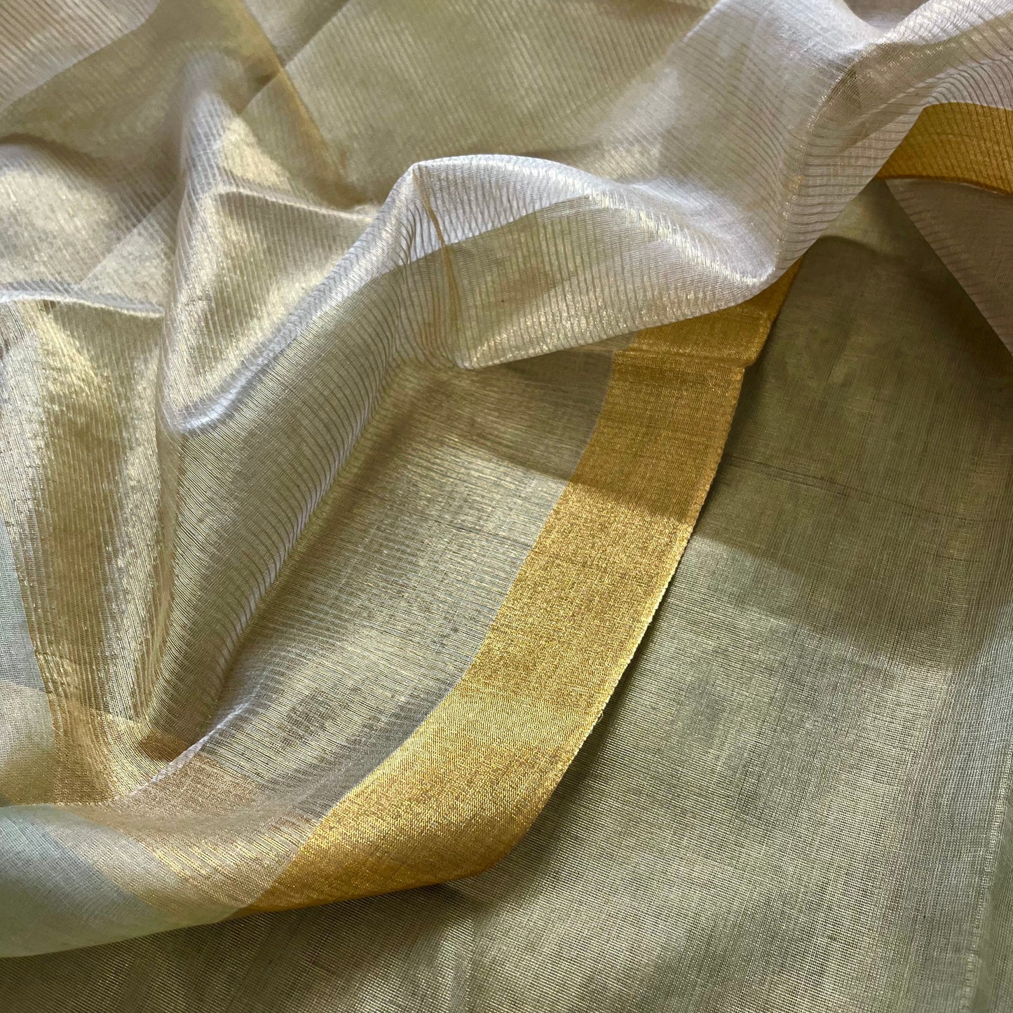 Olive Gold Maheshwari Tissue Silk Suit with Zari Lines on Dupatta