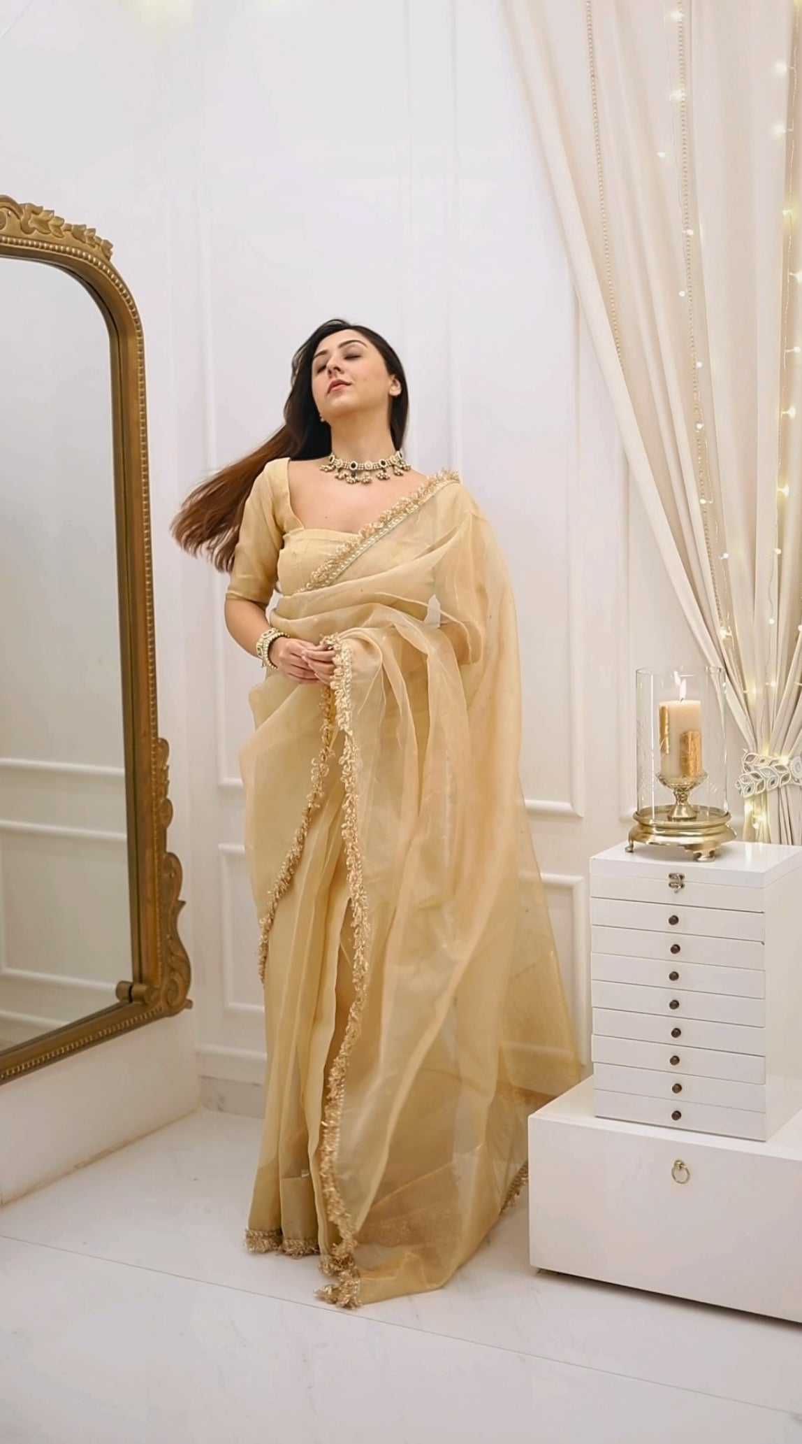 Beige gold Chanderi organza silk saree with zari bootis all over