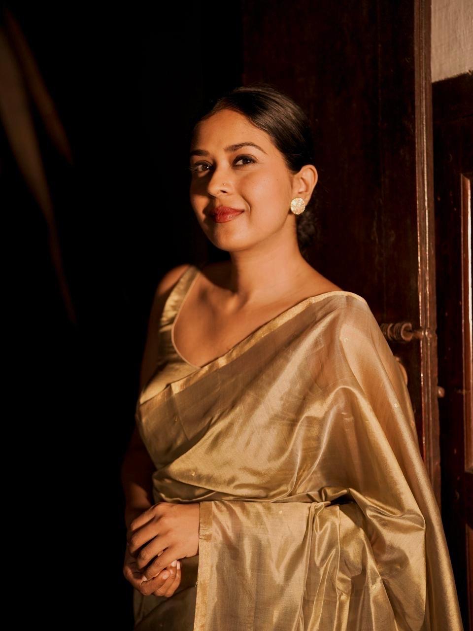 Antique gold chanderi silk saree with zari bootis all over