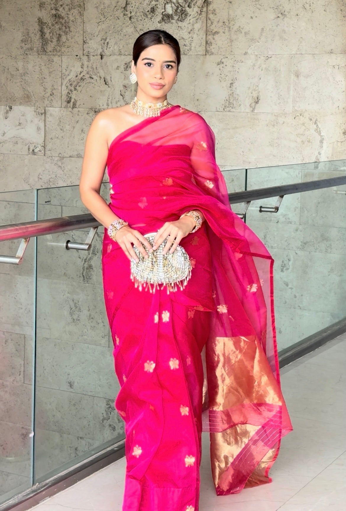 Rani pink Chanderi silk saree with butterfly motifs all over