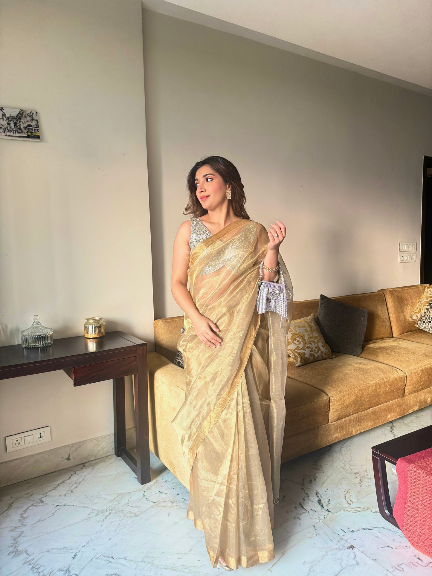 Olive Gold Maheshwari Saree with Zari lines all over