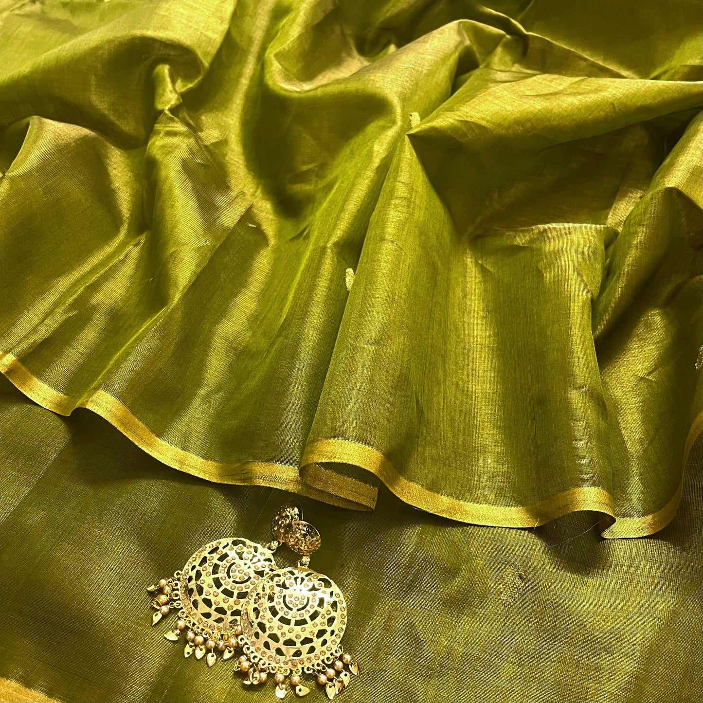 Olive gold maheshwari tissue silk saree with zari bootis all over