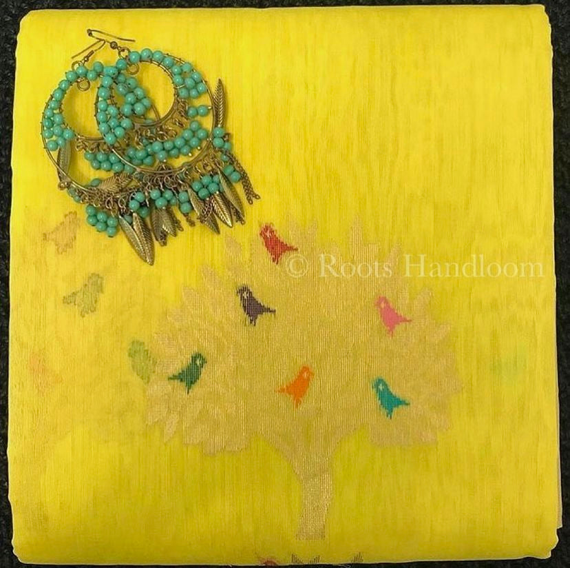 Yellow Chanderi saree with birds on tree motifs all over