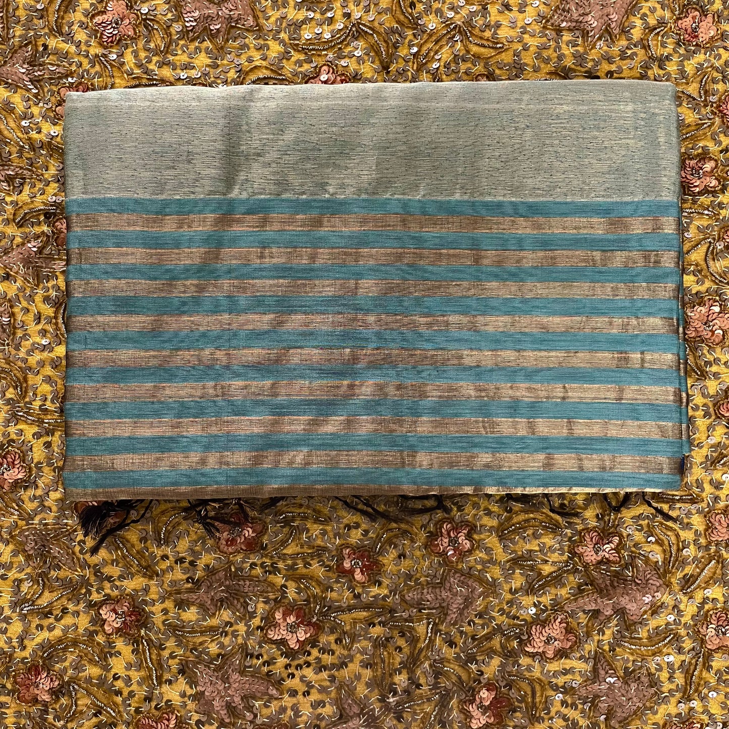 Baby blue Maheshwari saree with zari stripes all over