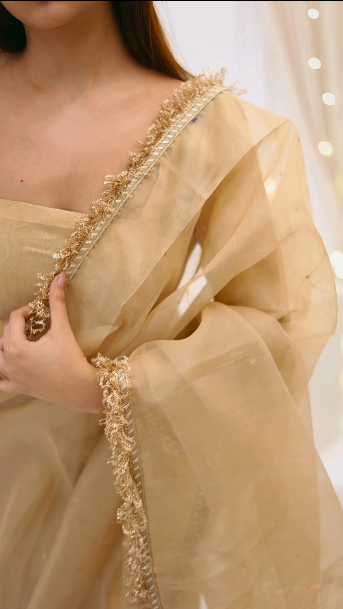 Beige gold Chanderi organza silk saree with zari bootis all over