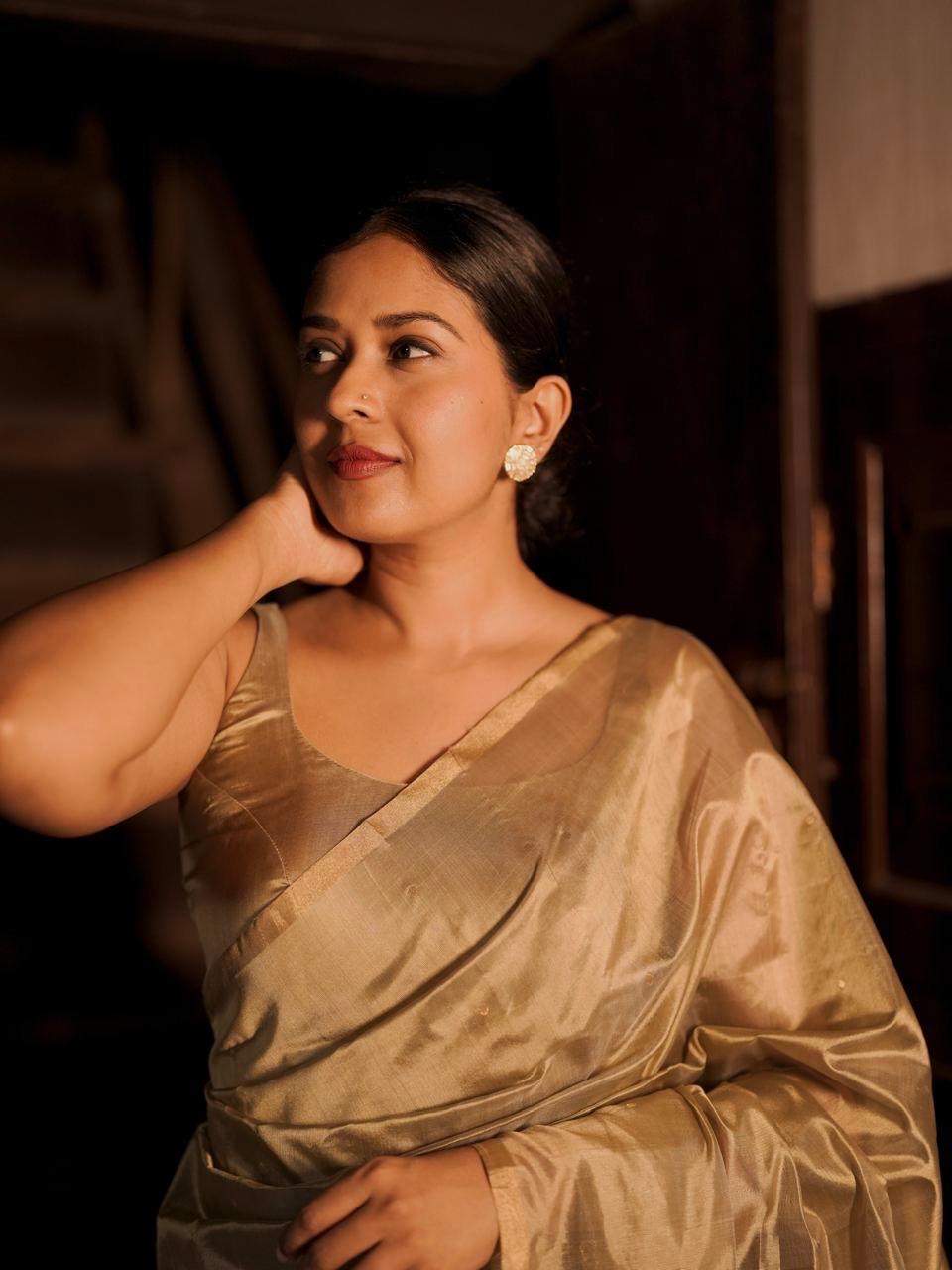 Antique gold chanderi silk saree with zari bootis all over
