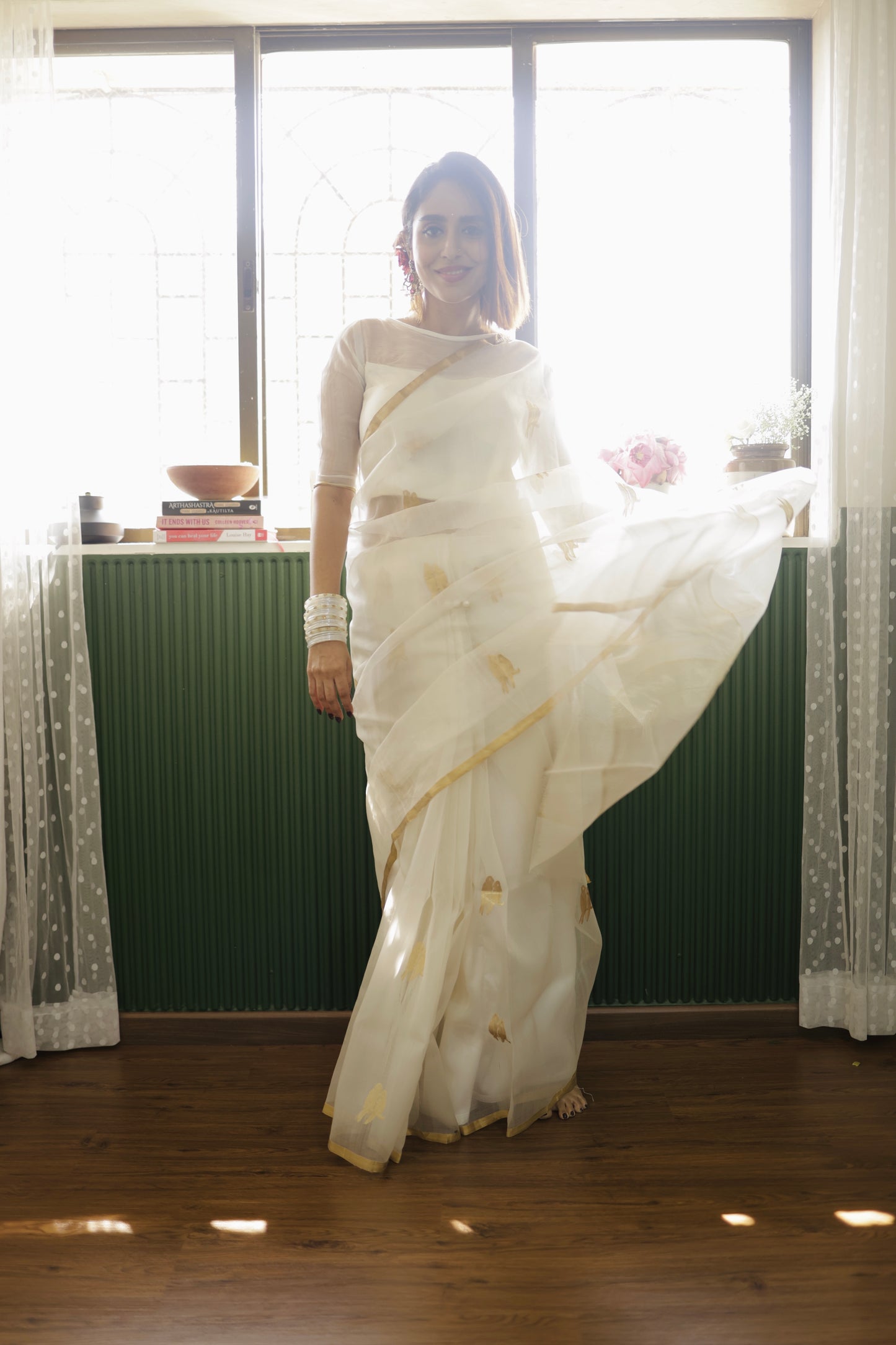 Off white and gold chanderi organza silk saree with bird motifs all over