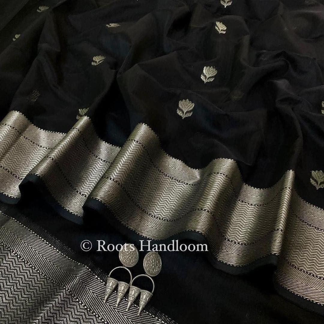 Black Maheshwari Saree with Flower Motifs all over