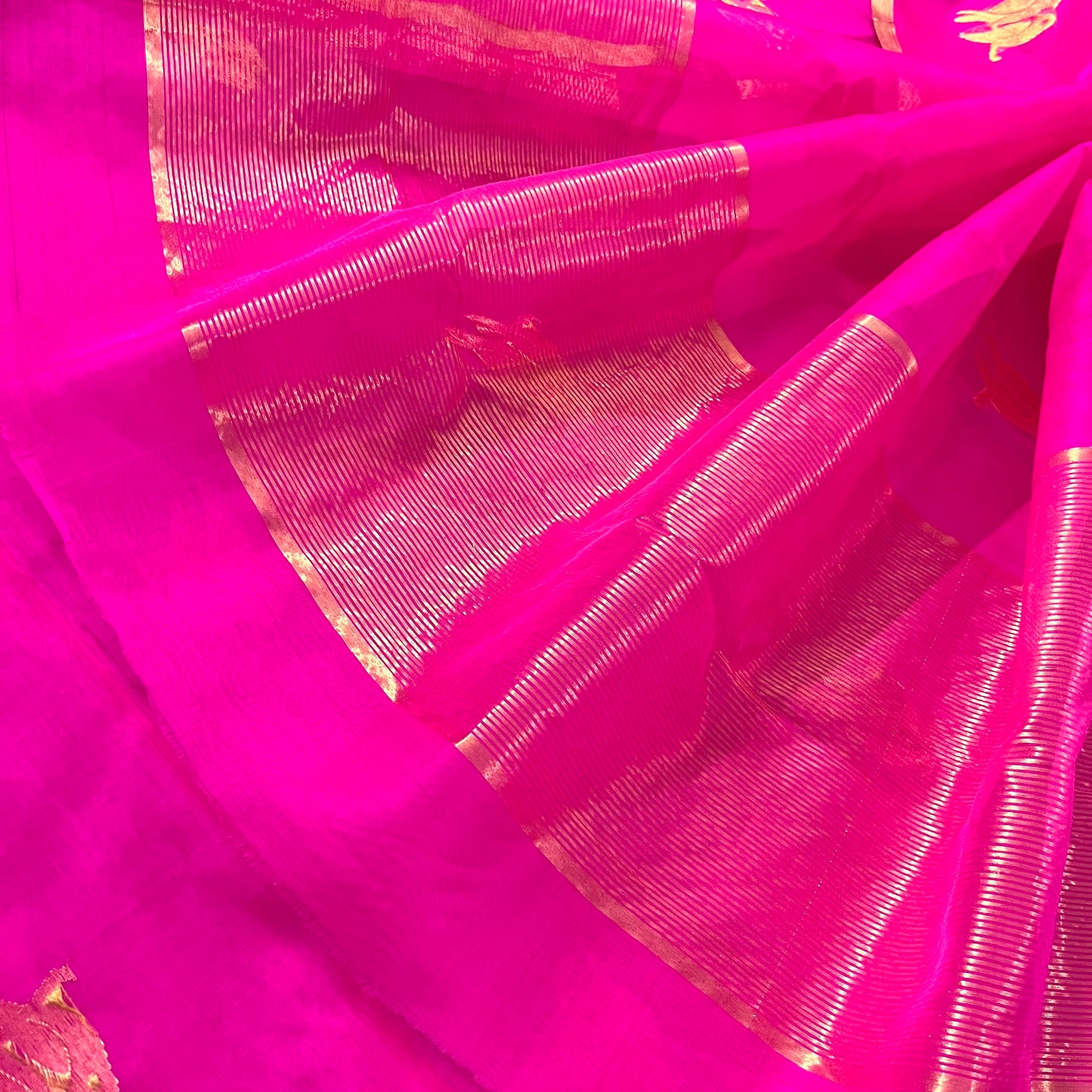 Pink chanderi organza silk saree with bird motifs all over