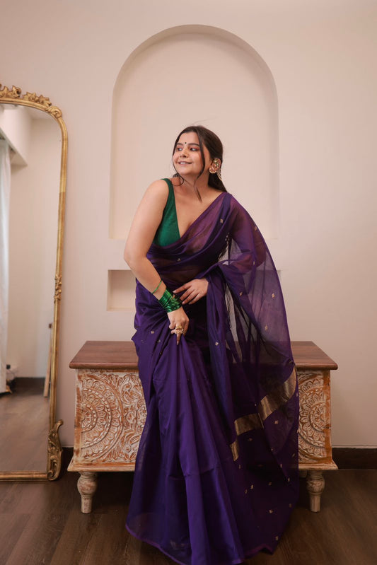 Dark Purple Maheshwari Saree with Zari bootis all over