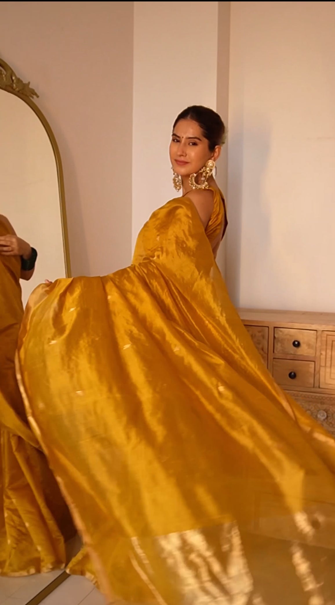 Mustard gold chanderi silk saree with flower bootis all over