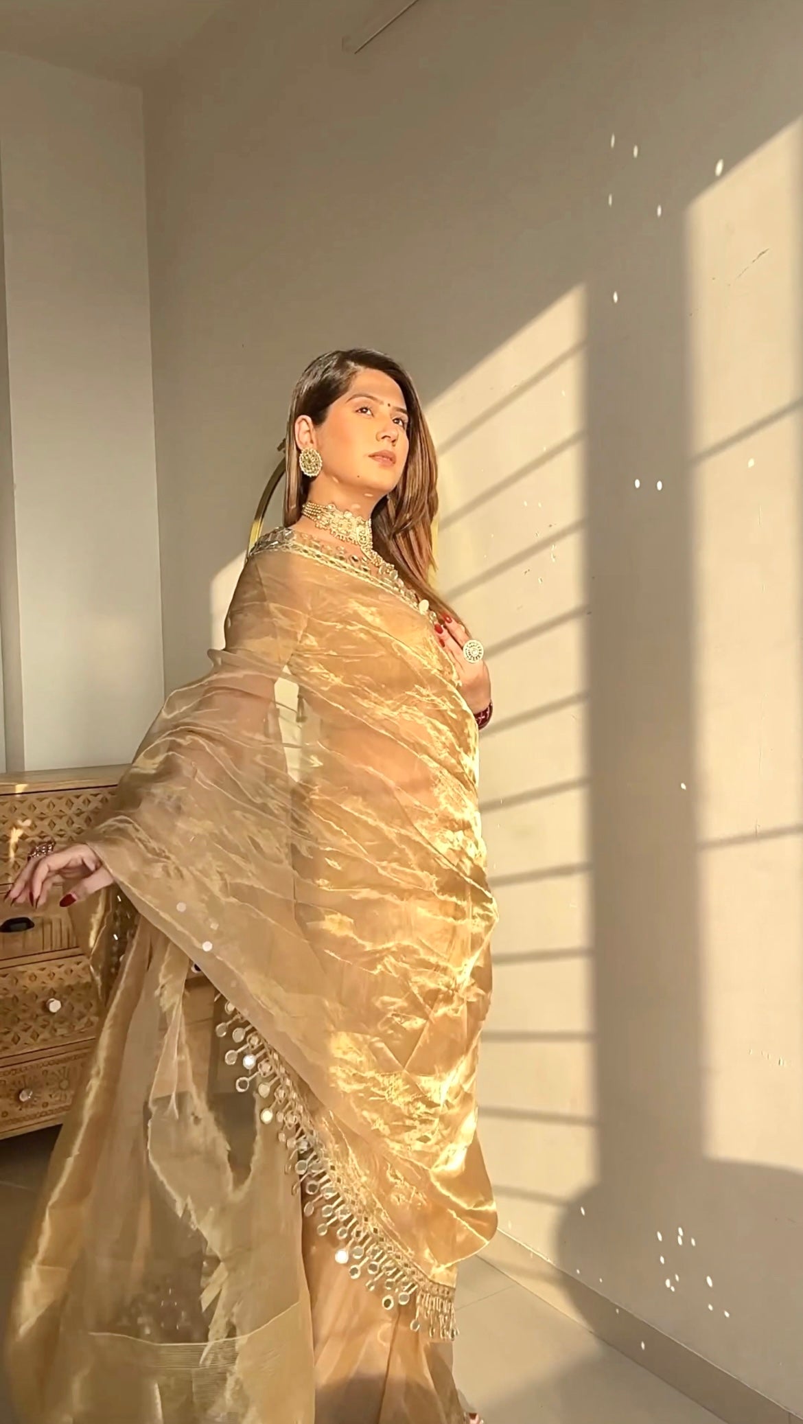 Molten gold chanderi tissue silk saree with dangling mirror work border