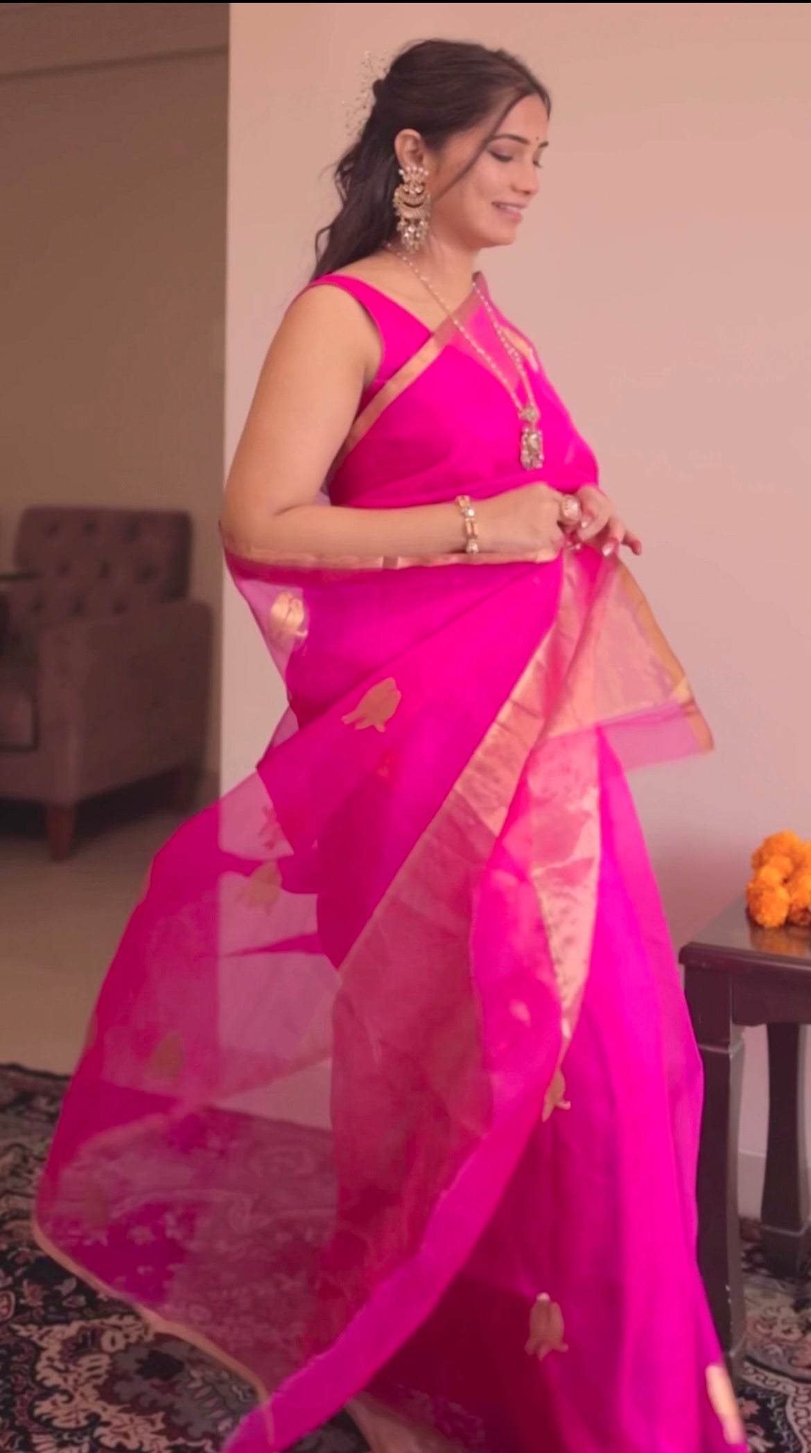 Pink chanderi organza silk saree with bird motifs all over
