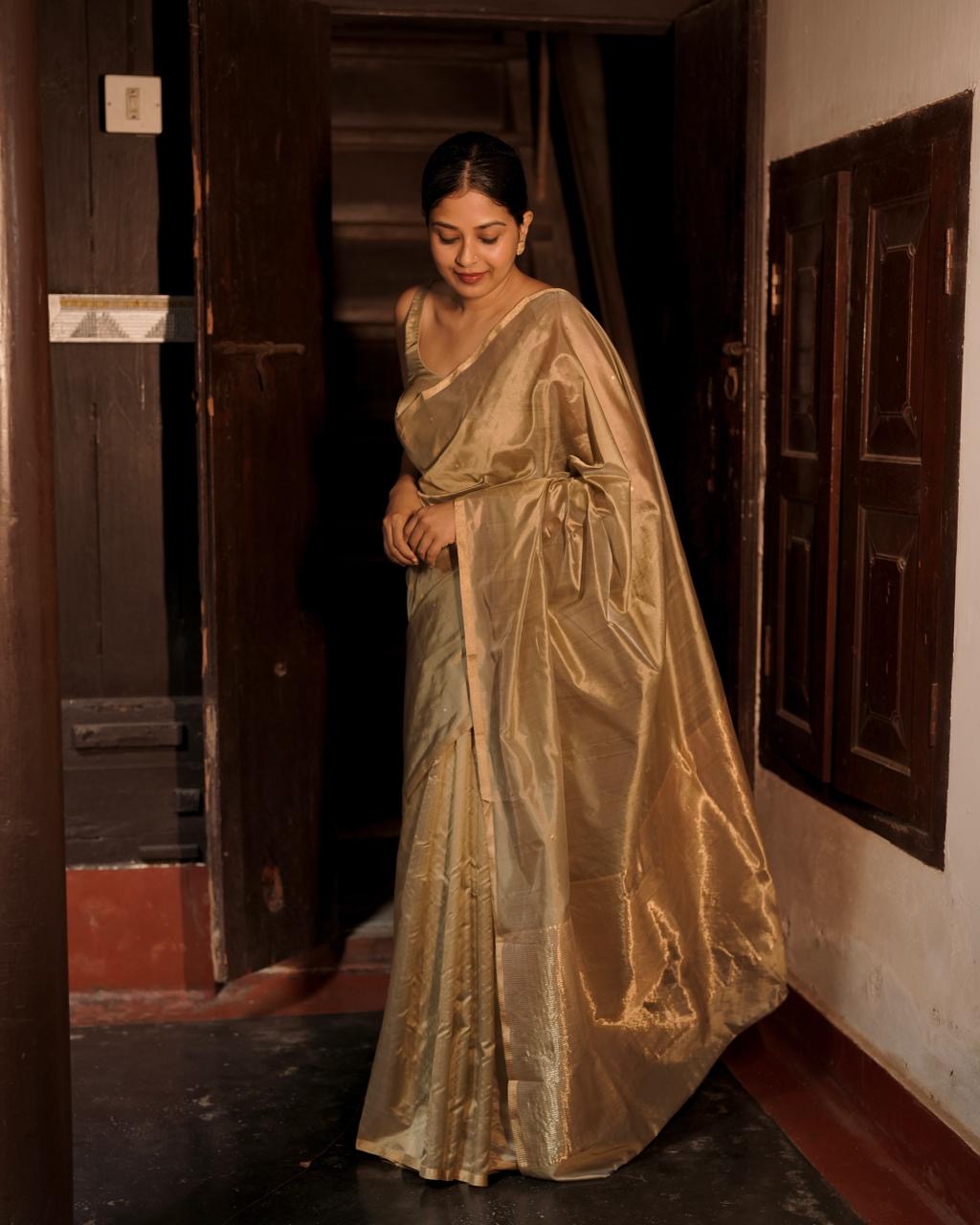 Antique gold chanderi silk saree with zari bootis all over