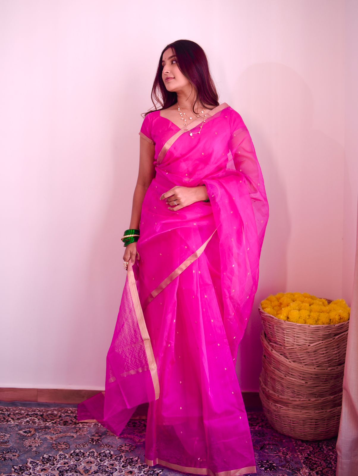 Fuschia pink Chanderi silk saree with zari bootis all over