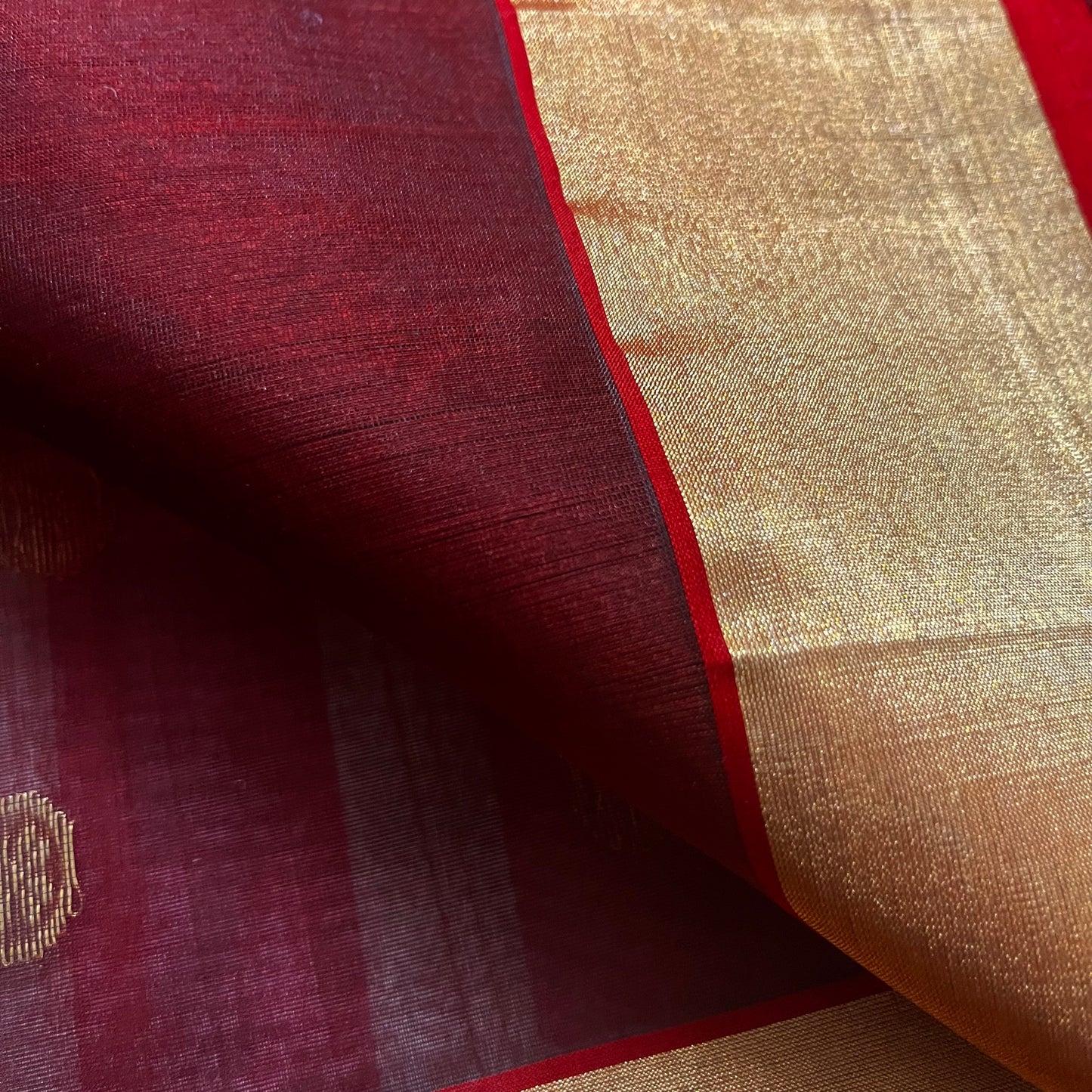 Maroon Chanderi silk saree with zari motifs on pallu