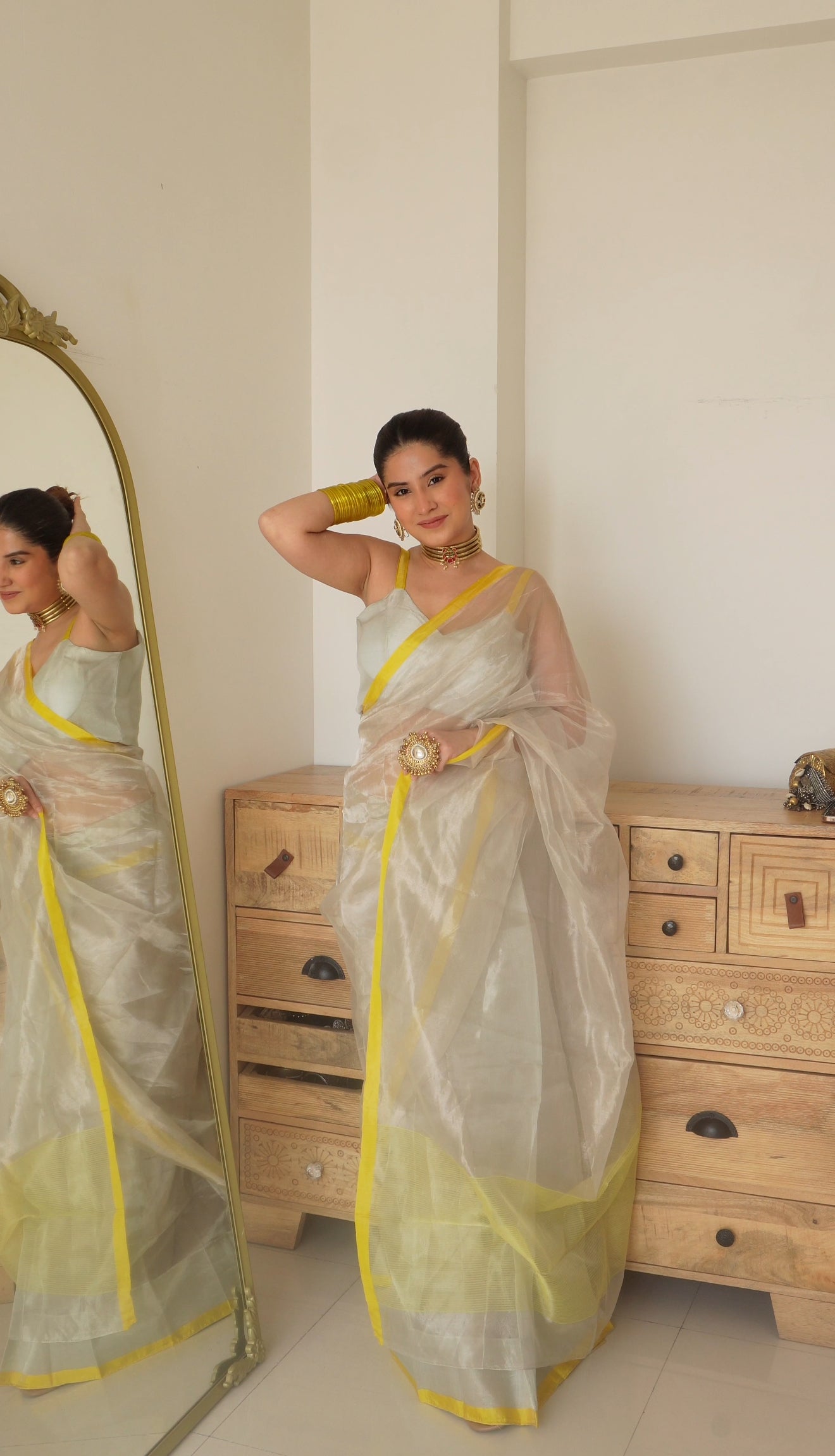 Silver white and lemon chanderi tissue silk saree