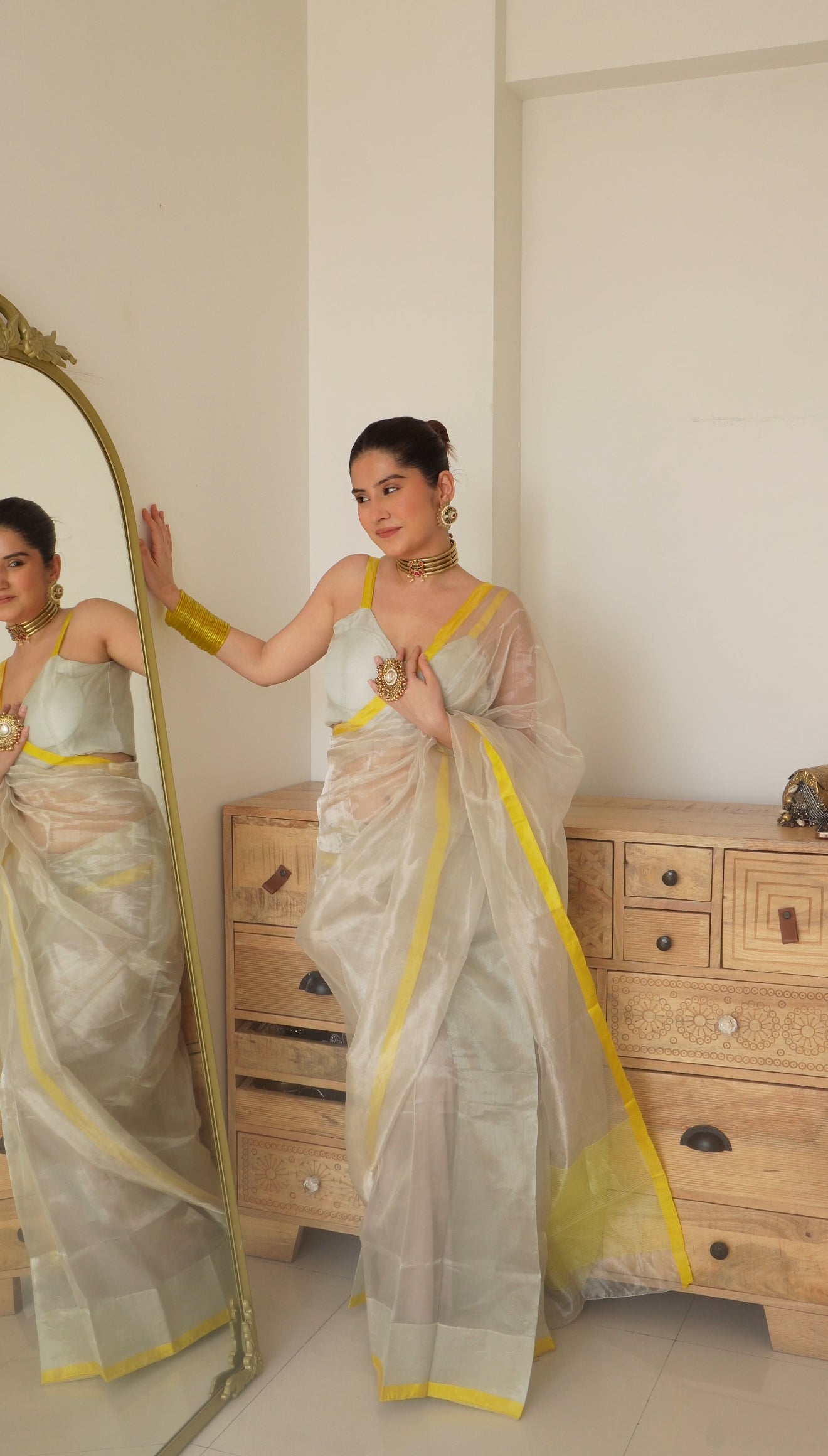 Silver white and lemon chanderi tissue silk saree