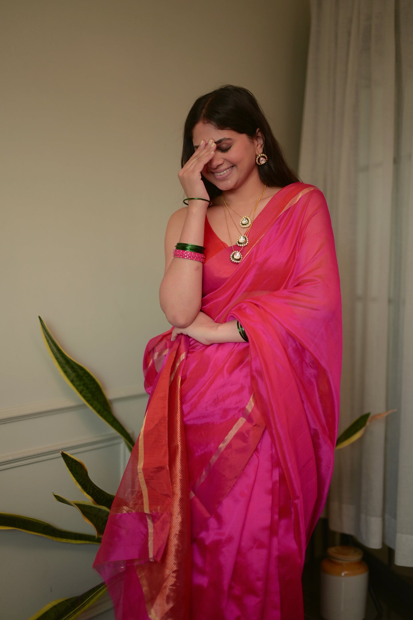 Pink and red Chanderi silk saree with silk border