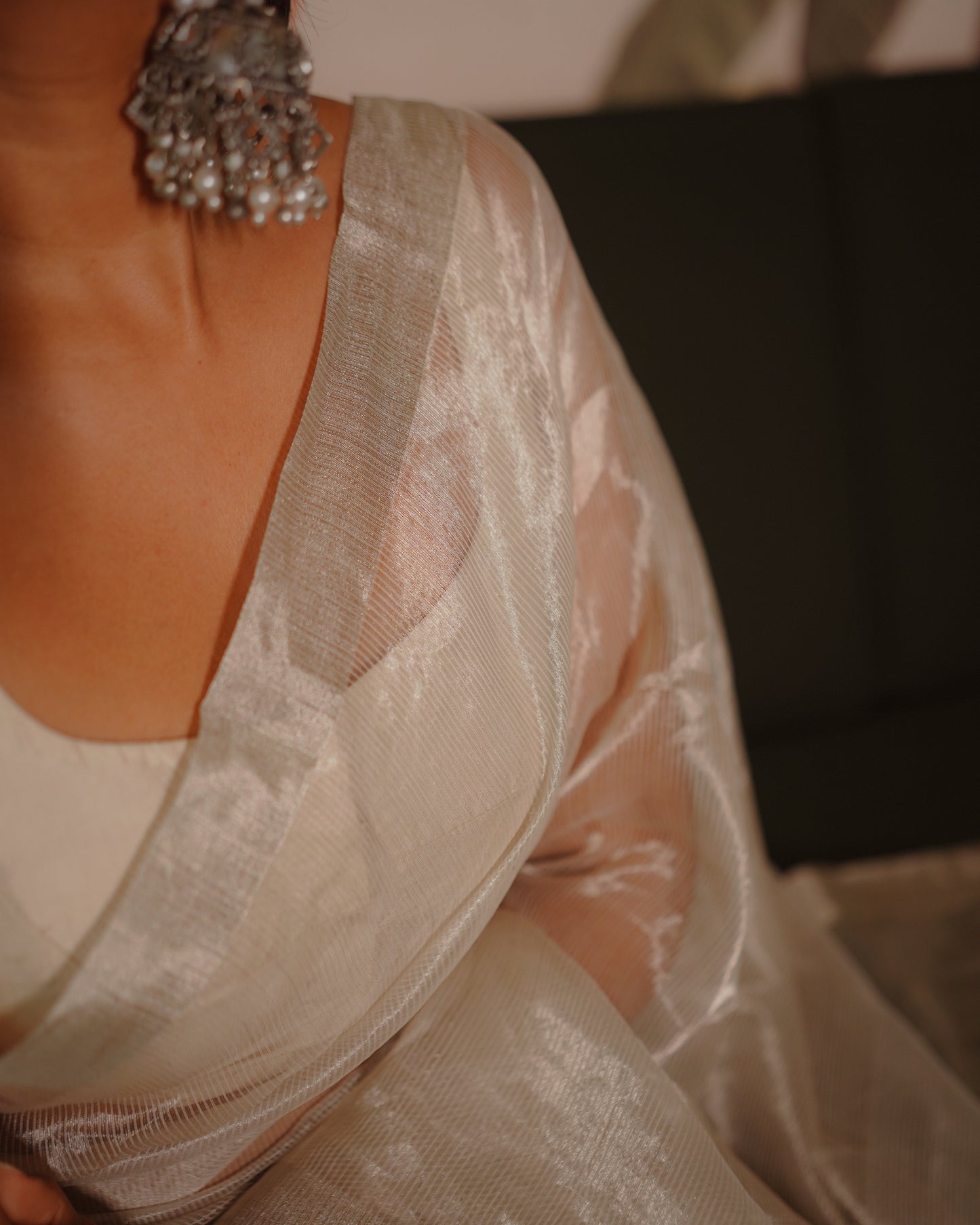 Off-White Maheshwari Saree with Zari Lines all over