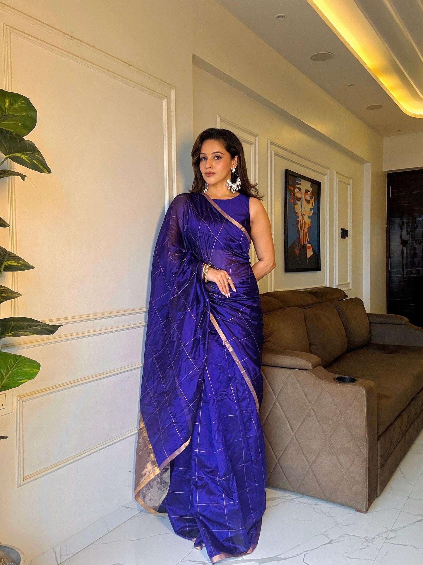 Dark purple chanderi silk saree with zari checks all over