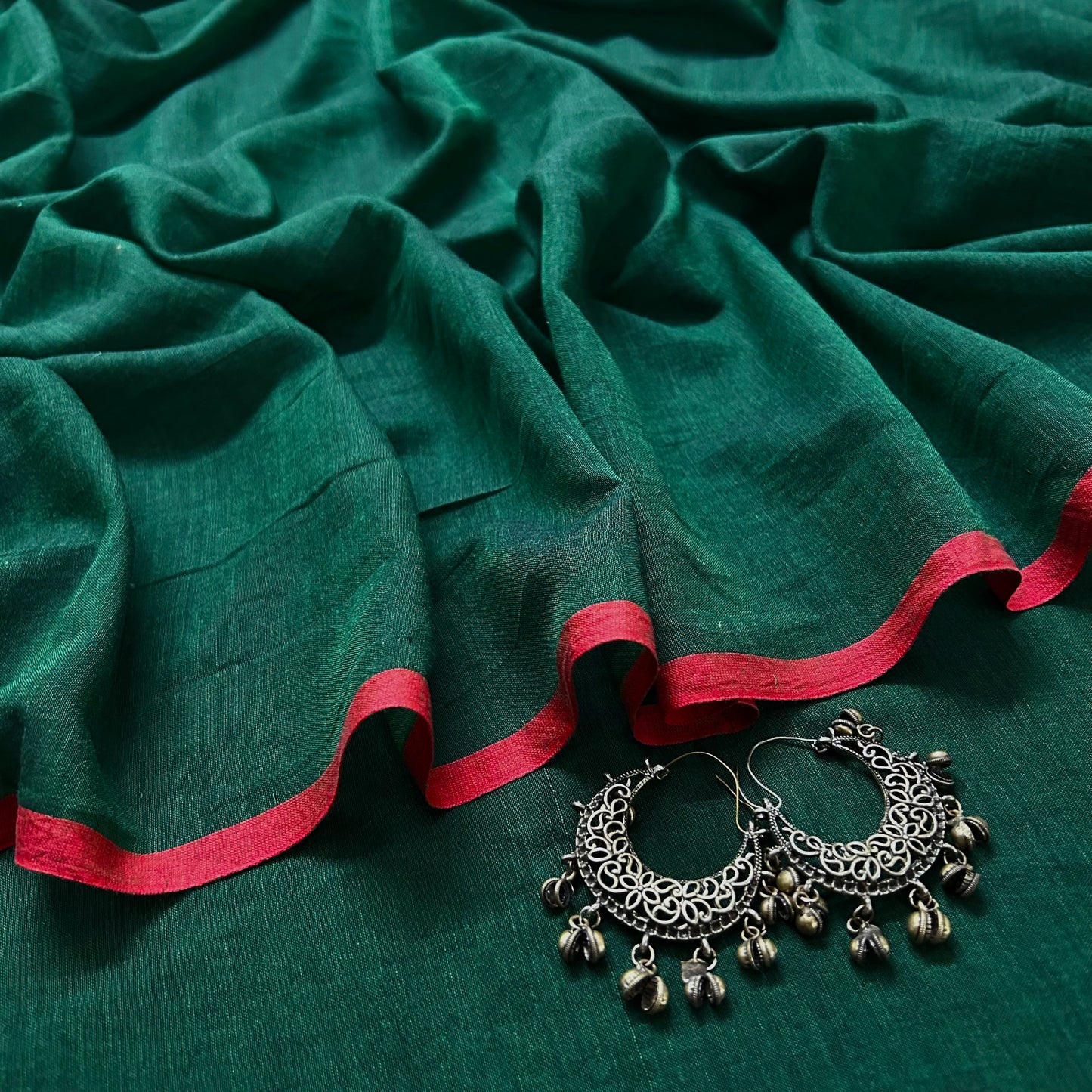 Dark green and red mulmul saree