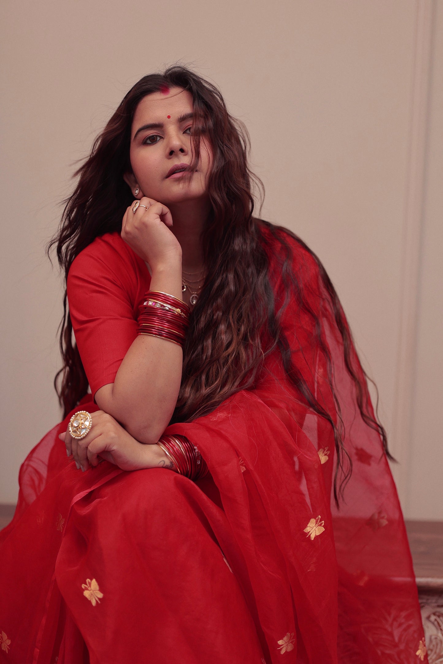 Red chanderi organza silk saree with butterfly motifs all over